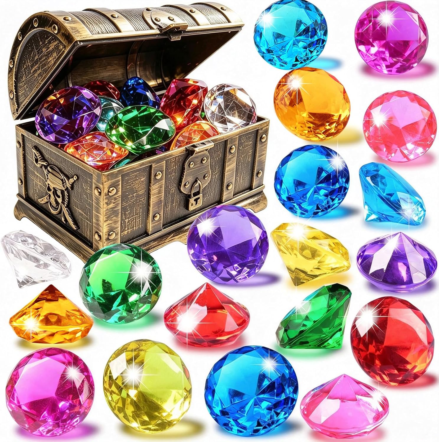 EnriQ Diving Gems Pool Toys 20 Big Colorful Diamond with Pirate Treasure Chest Swim Dive Toy for Kids Water Pool Games Swimmer Training Underwater Gemstone for Treasure Hunt Party Favors
