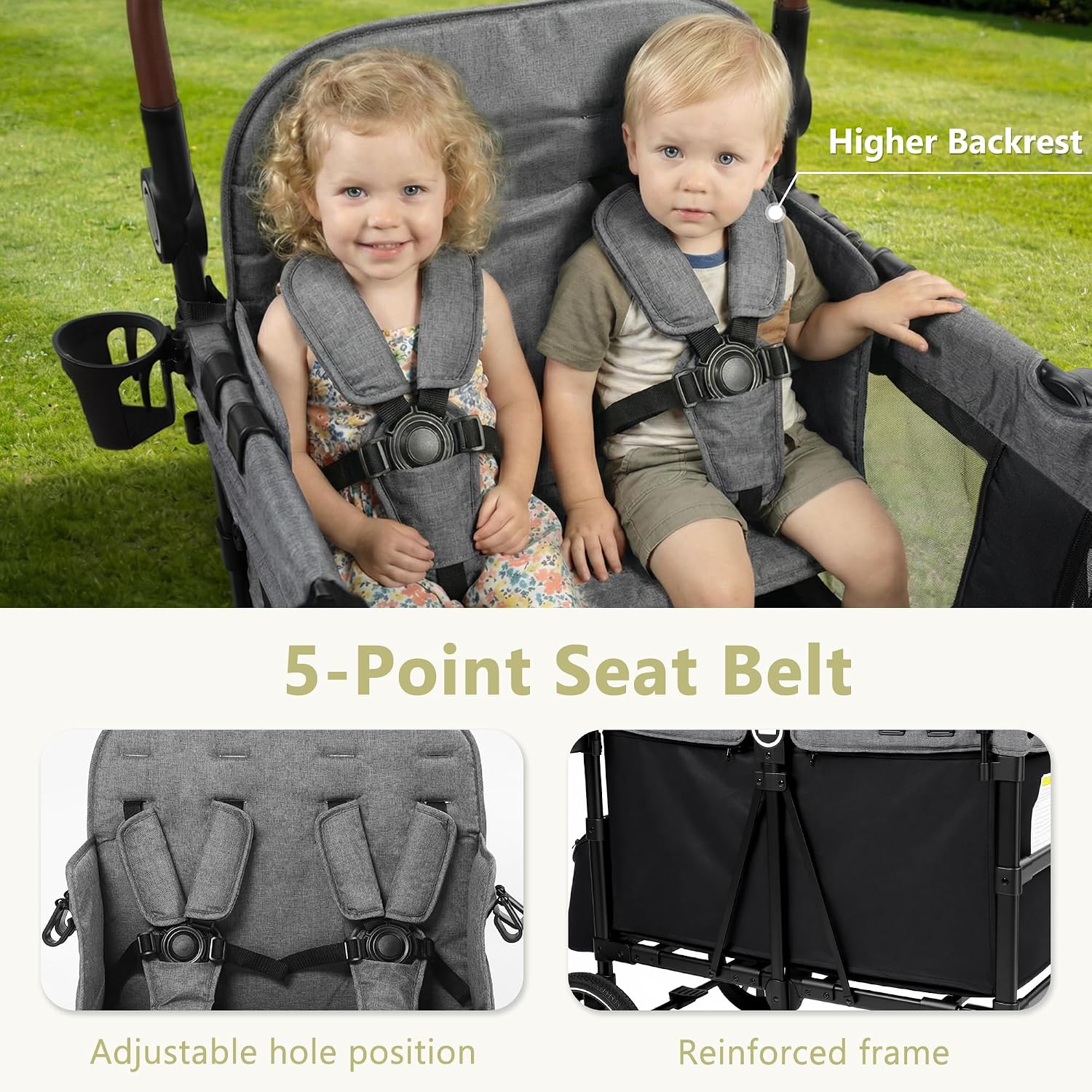 Kinder King Wagon Stroller for 4 Kids, Adjustable Handle, Black&Grey | All-Terrain 4 Seater Folding Outdoor Stroller Wagon, Removable Canopy, 5-Point Safety Harness, Detachable Tray, Large Storage - Image 7
