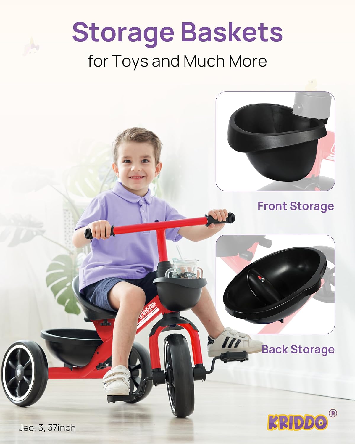KRIDDO Kids Tricycles Age 24 Month to 4 Years, Trike for 2.5 to 5 Year Old, Gift Tricycles for 2-4 Year Olds, Trikes for Toddlers, Red - Image 5