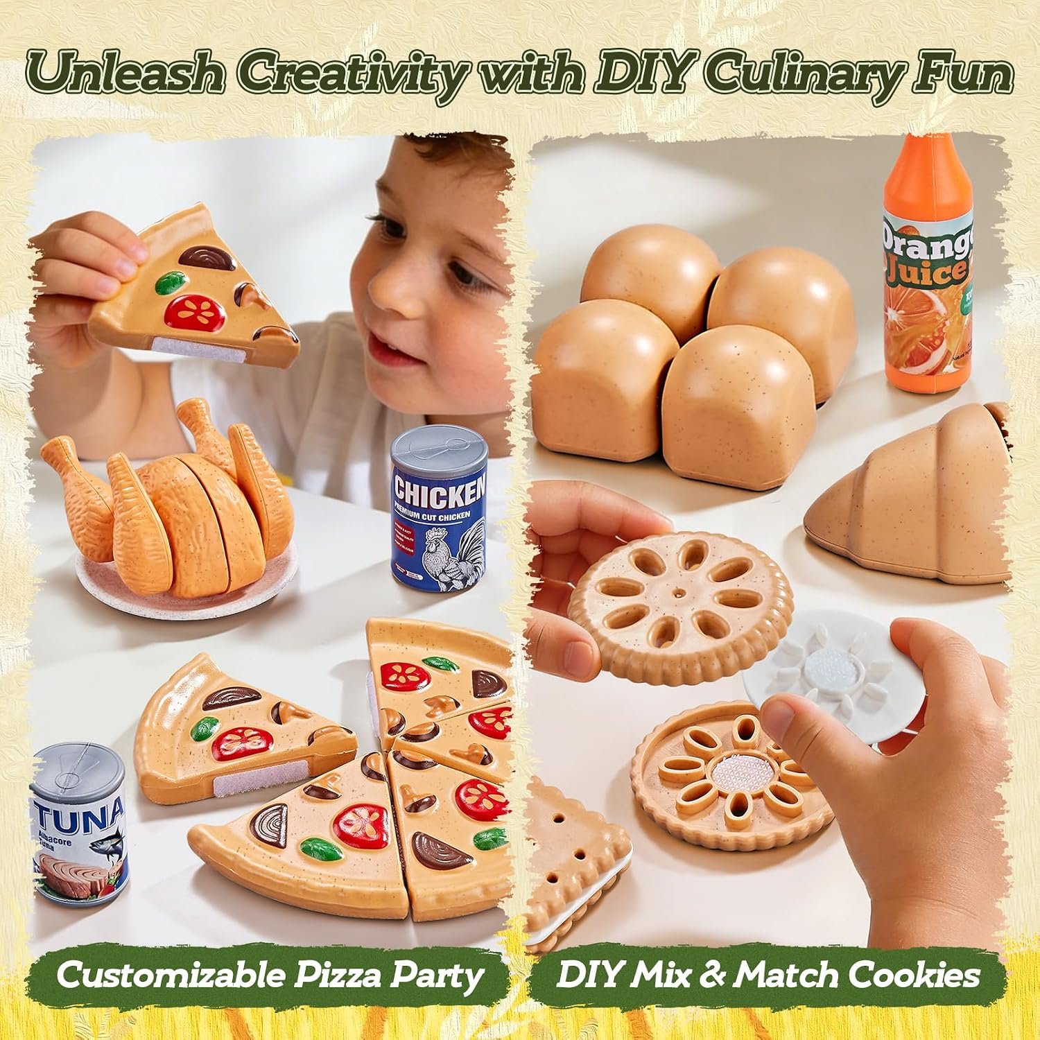 86Pc Wheat Straw Play Food for Kids Kitchen-Toy Food with 2 Baskets & Picnic Blanket, Realistic Cutting Pizza, Grocery Cans, Pretend Play Kitchen Accessories & Toddler Toys for Boys Girls 3+ - Image 4