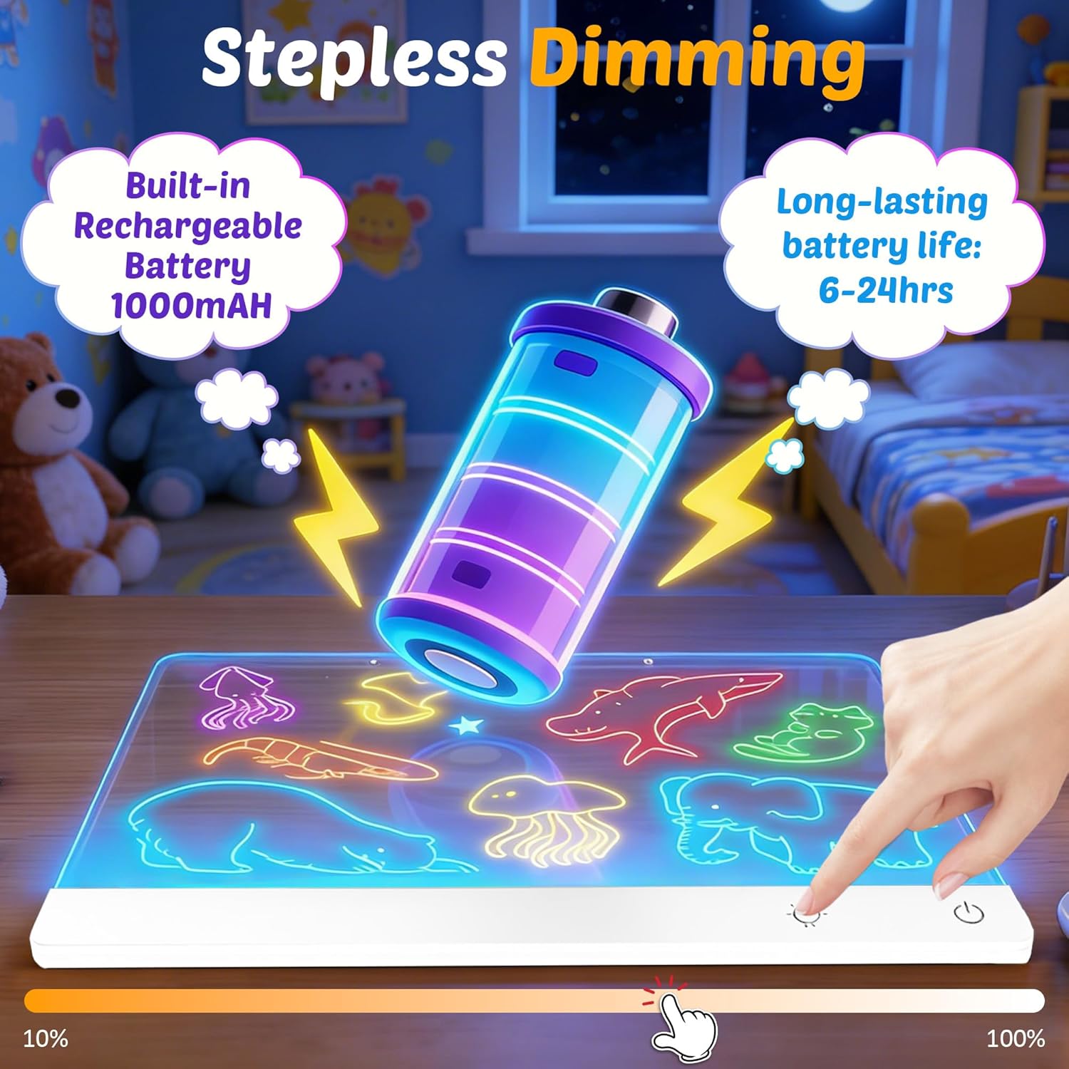 Rechargeable LED Drawing Board for Kids, 16-Inch Light Up Drawing Tablet with 7 Colors & Dimming, Arts Supplies Crafts for Kids Ages 3-8, Birthday Gifts for Girls Boys Age 5-10 - Image 4