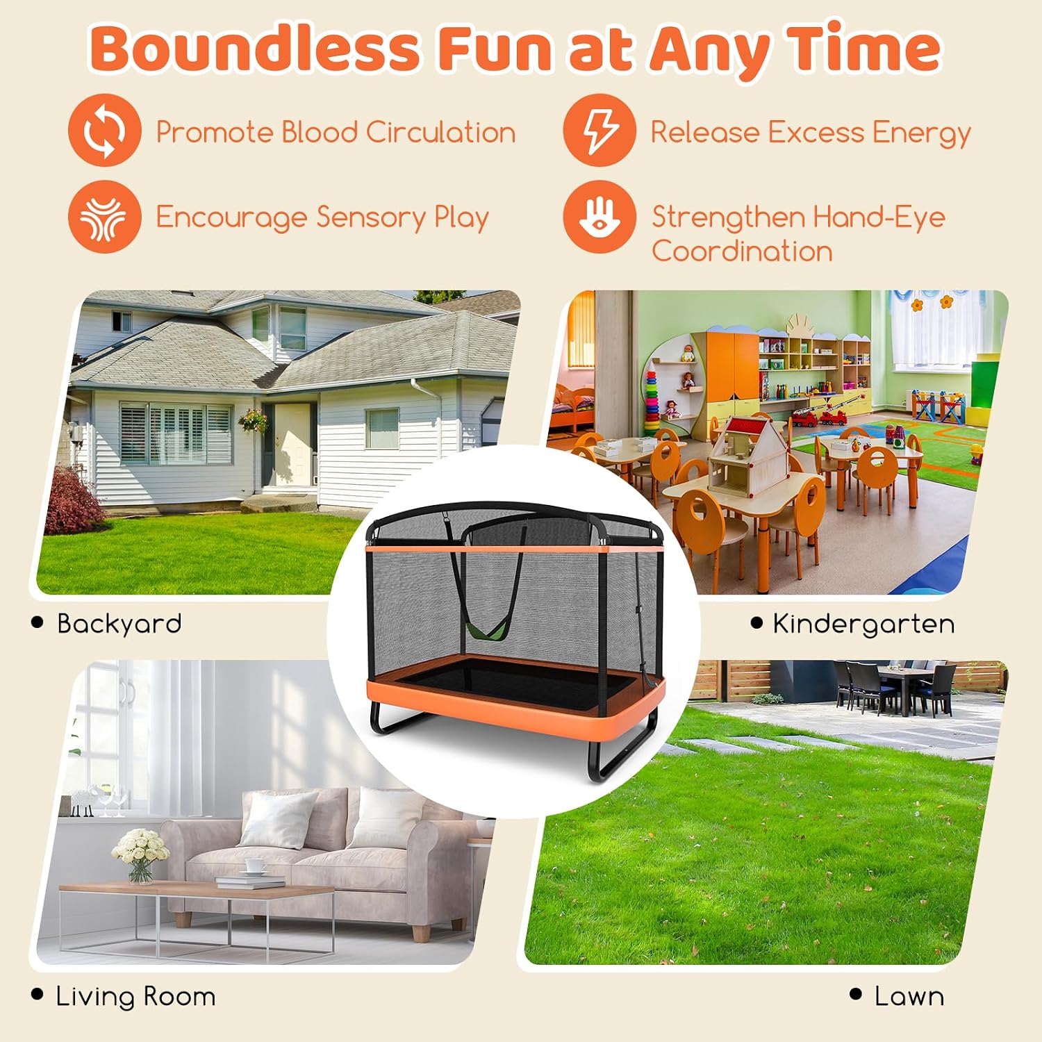 KOTEK 6 Ft Toddler Trampoline with Net & Swing, Mini Indoor Recreational Trampoline, Small Rectangle Trampoline for Home, ASTM Approved, Max Load 220 lbs, Gift for Kids Christmas Birthday - Image 4