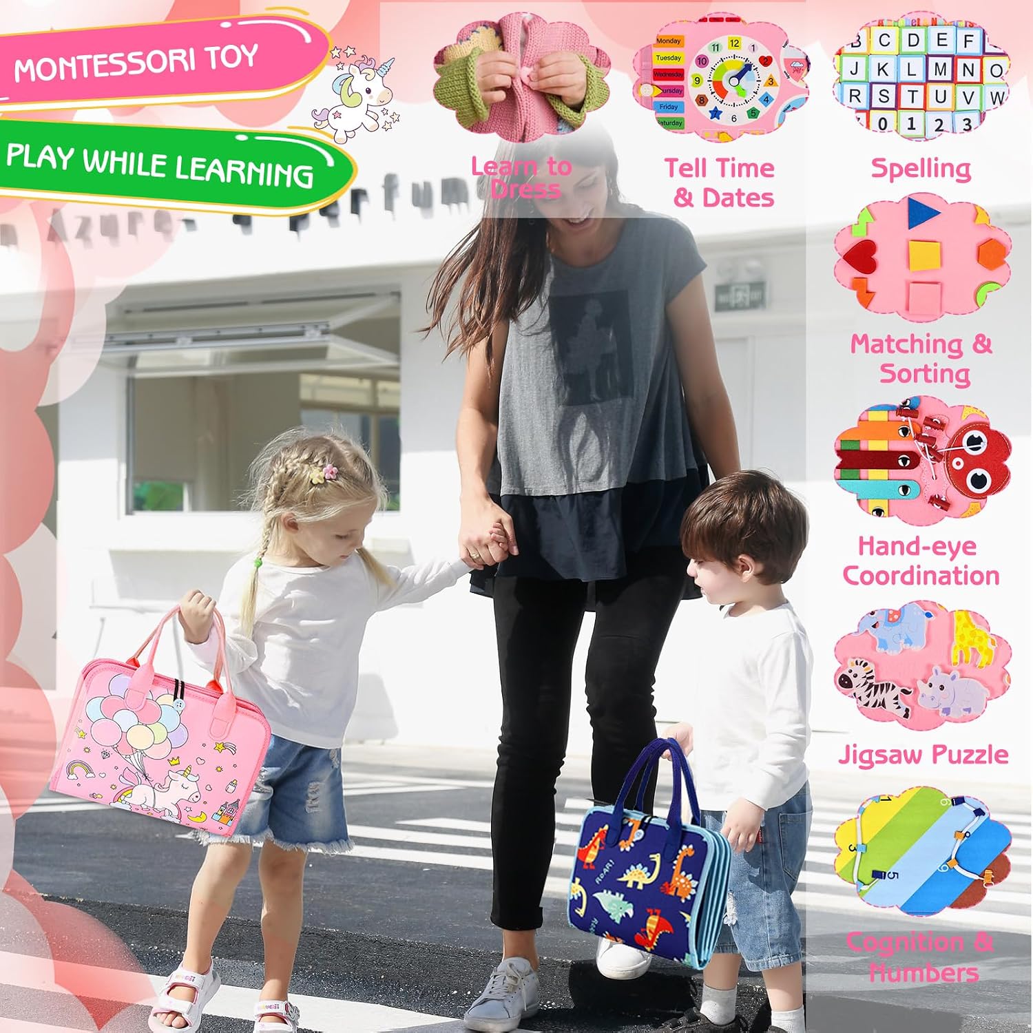 Esjay Toddler Busy Board Montessori Toys for Girls, Sensory Book Educational Activities for Learning Fine Motor Skills, Birthday Gifts for Girls Toddlers, Travel Toys for Airplane Car, Pink Multipages - Image 6