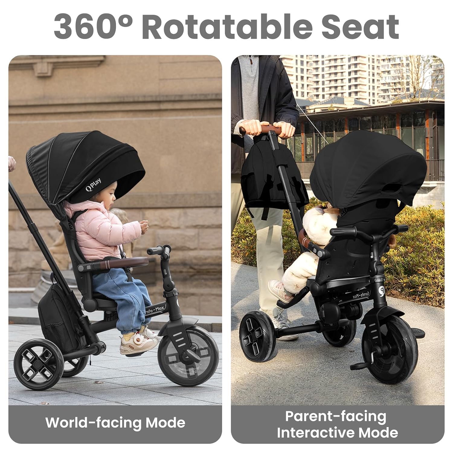 QPlay Toddler Bike Stroller for Baby 10 Months to 6 Years Old, 8-in-1 Foldable Stroller Bike for Toddlers 3-5 Boys & Girls Gifts Trike — Adjustable Handle, Triple Footrest, Canopy & Storage Bag - Image 3