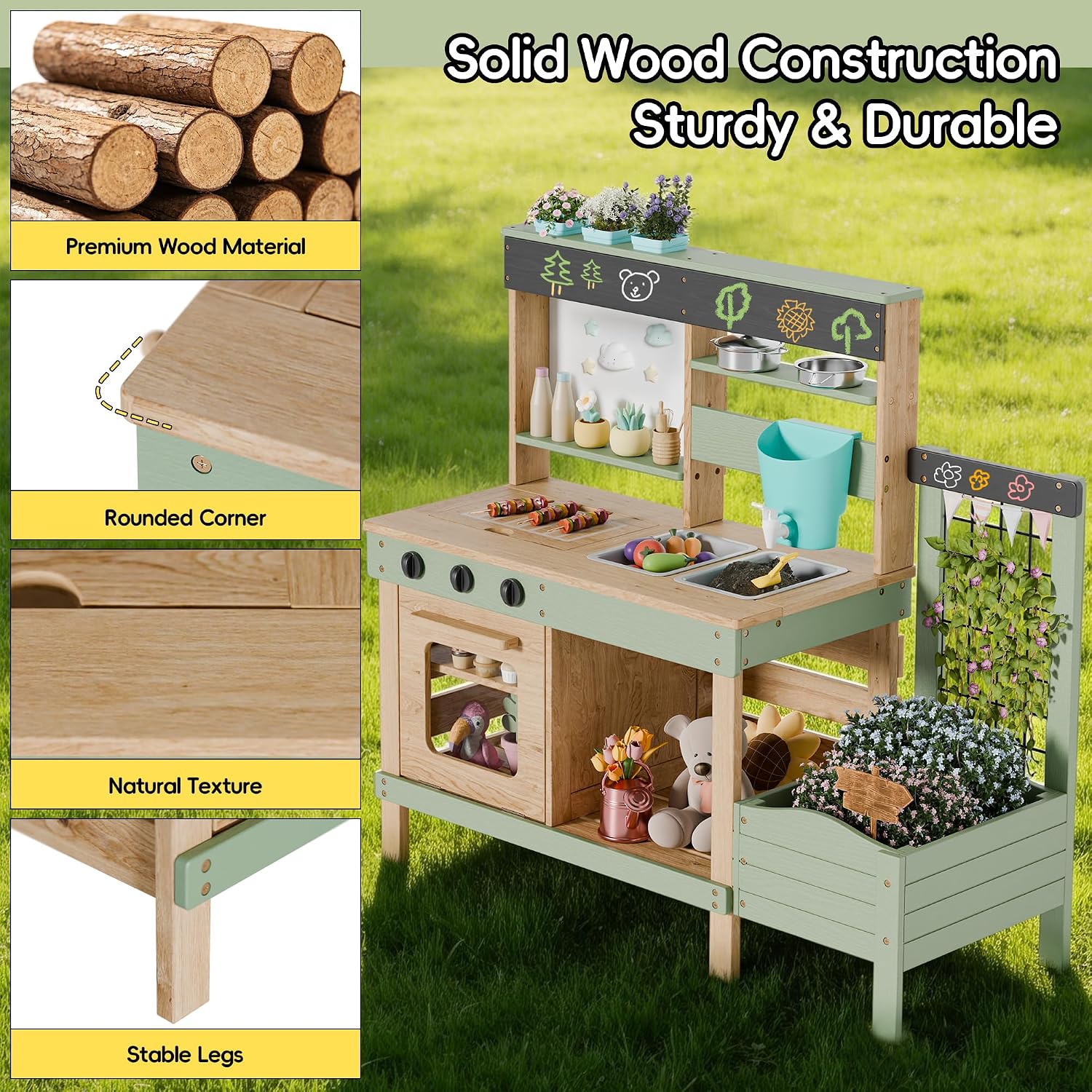 Outdoor Mud Kitchen for Kids, Wooden Pretend Play Kitchen with Plant Growing Box, Removable Sink, Oven and Stove, Kids Kitchen Playset with Kitchen Accessories for Backyard & Garden - Image 5