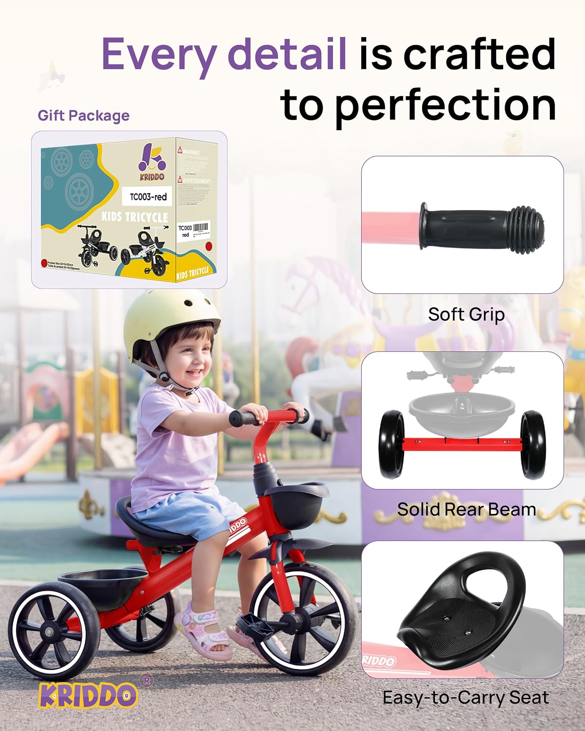 KRIDDO Kids Tricycles Age 24 Month to 4 Years, Trike for 2.5 to 5 Year Old, Gift Tricycles for 2-4 Year Olds, Trikes for Toddlers, Red - Image 2