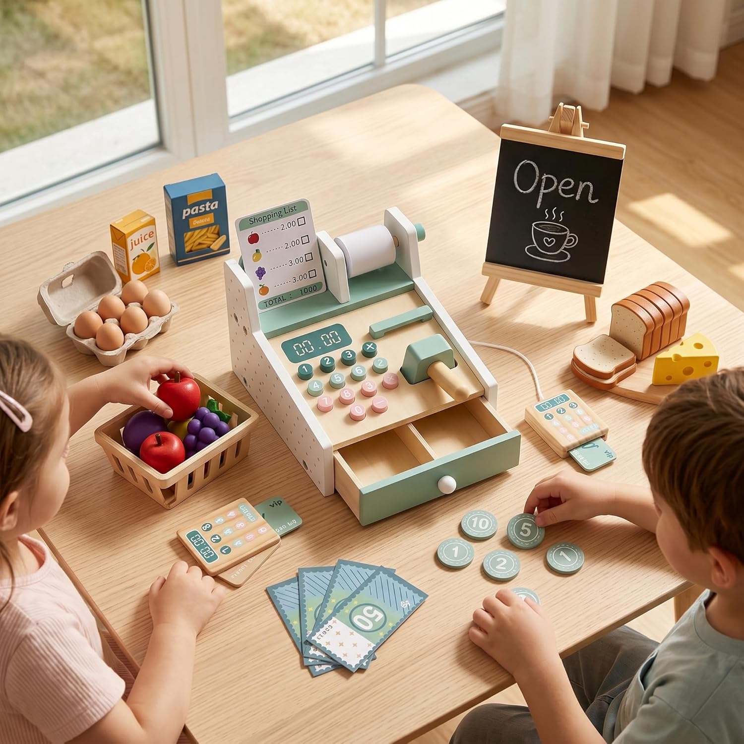 Wooden Cash Register Toy, Cash Register Toy Set with Scanner, Play Money & Shopping Cards, Kids Cashier Role Play , Educational for Learning Math Skills - Image 2