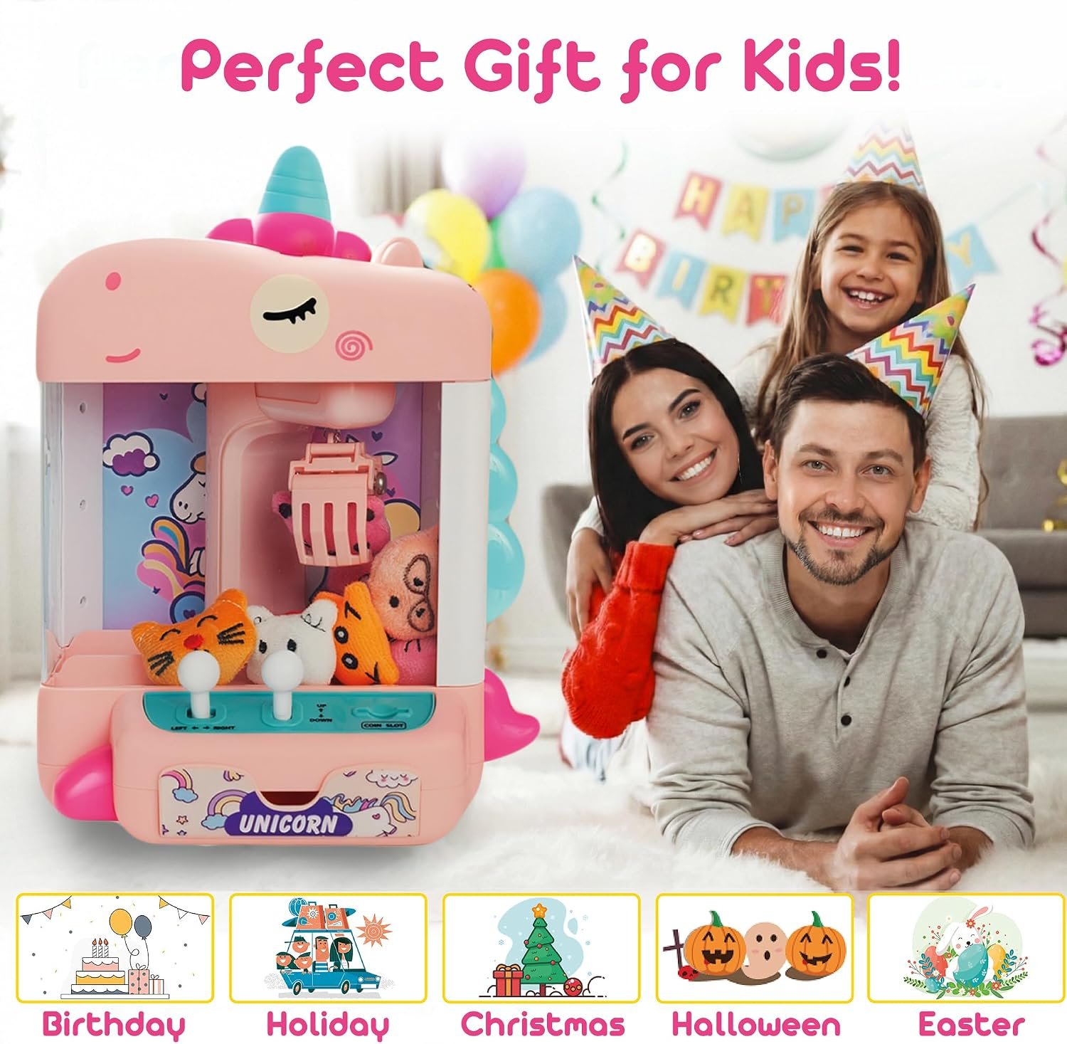 Claw Machine for Kids - Mini Arcade Game - Vending Machine - Candy Grabber Toys - Silent Mode, Lights, USB - Plush Toys & Easter Eggs, Surprise Stickers - Fun Gift for Kids, Boys & Girls (Unicorn) - Image 7