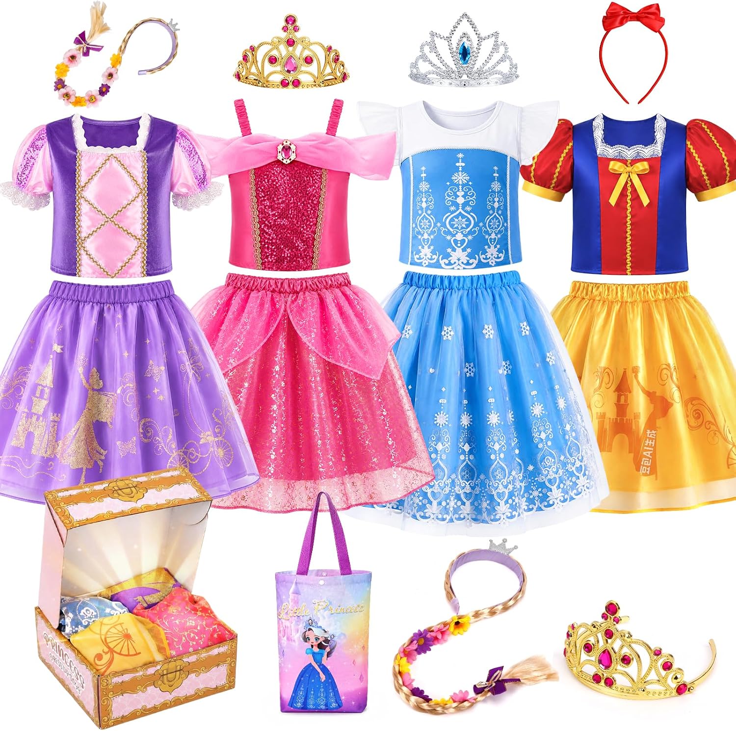 Meland Princess Dress Up for Girls 3-8, 4 Princess Outfits with Jewelry, Princess Role Play Toy Gift for Birthday & Christmas