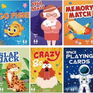 Card Games,6 Decks,Go Fish,Old Maid,Crazy 8s,Memory Match,Slap Jack,Space Playing Cards,Fun Game Cards for Kids Toddlers and Adults,Family Party Table Games, Stocking Stuffers Gifts for Kids