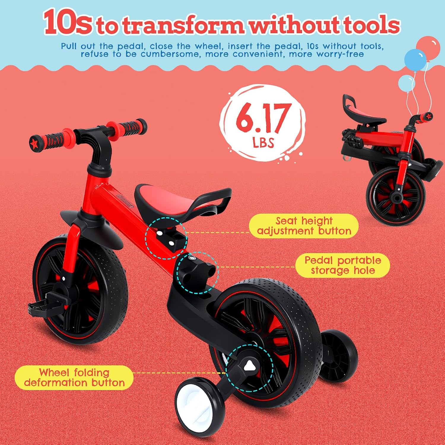 Toddler Bike 6-in-1 Tricycle for Toddlers 1-6, Kids Bike & Balance Bike with Push Handle, Foldable Toddler Balance Bike & Bicycle,Perfect Boys and Girls Birthday Gift and Toys - Image 6