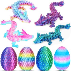 Ivrmtal 4PCS 3D Printed Dragon Eggs with Dragon Inside, Prefilled Easter Eggs with Toys for Kids 3D Printing Crystal Dragon Animals Toys Easter Basket Stuffers Dragon Gifts Desk Deco for Boys Girls