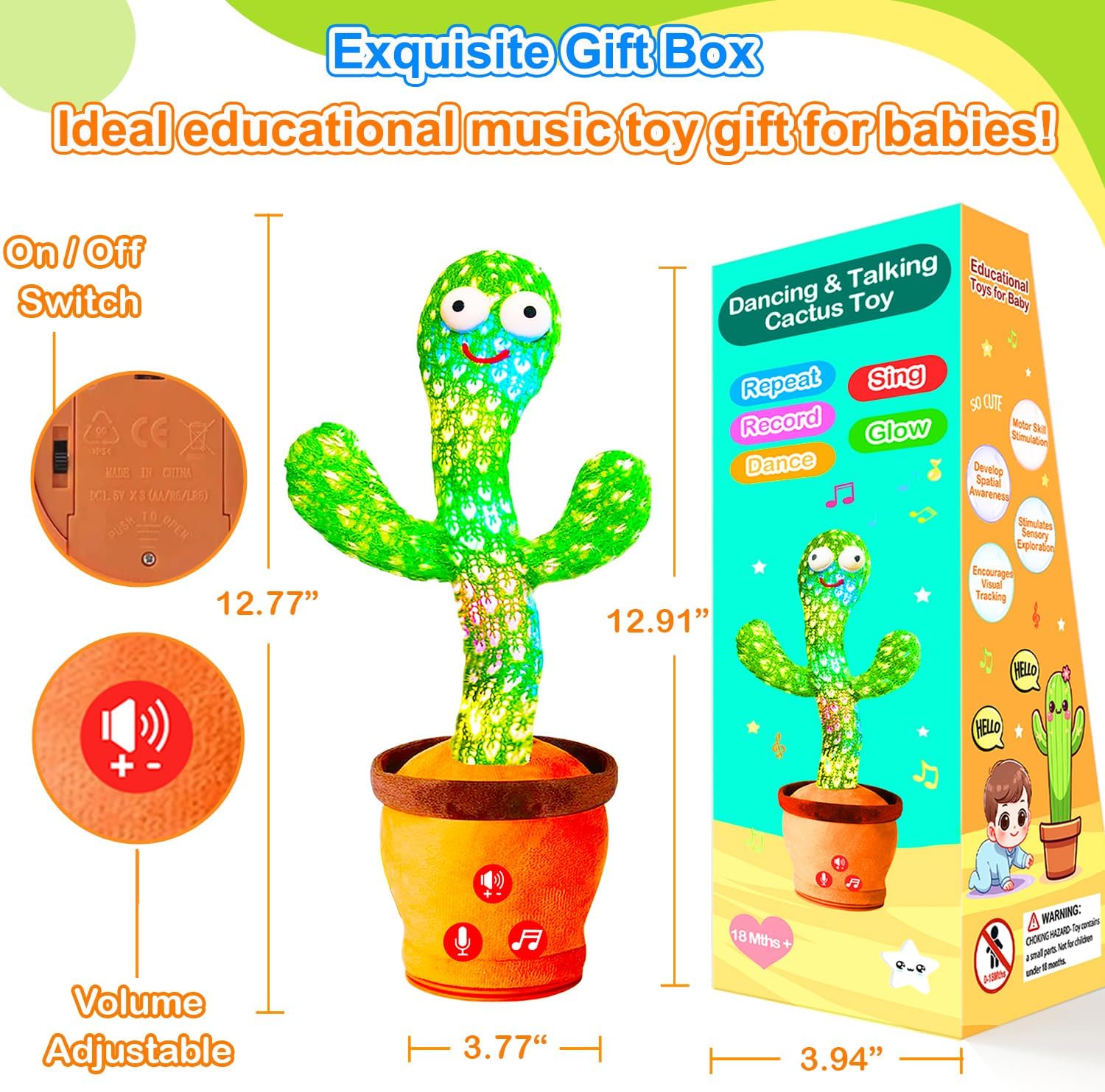 Baby Toys Interactive, Dancing Talking Cactus Toy Volume Adjustable, Singing Mimicking Repeating Recording, Funny Cactus Sings 50+ English Songs, Toys for Baby Toddler, 1 Year Old Gifts for Boys Girls - Image 7
