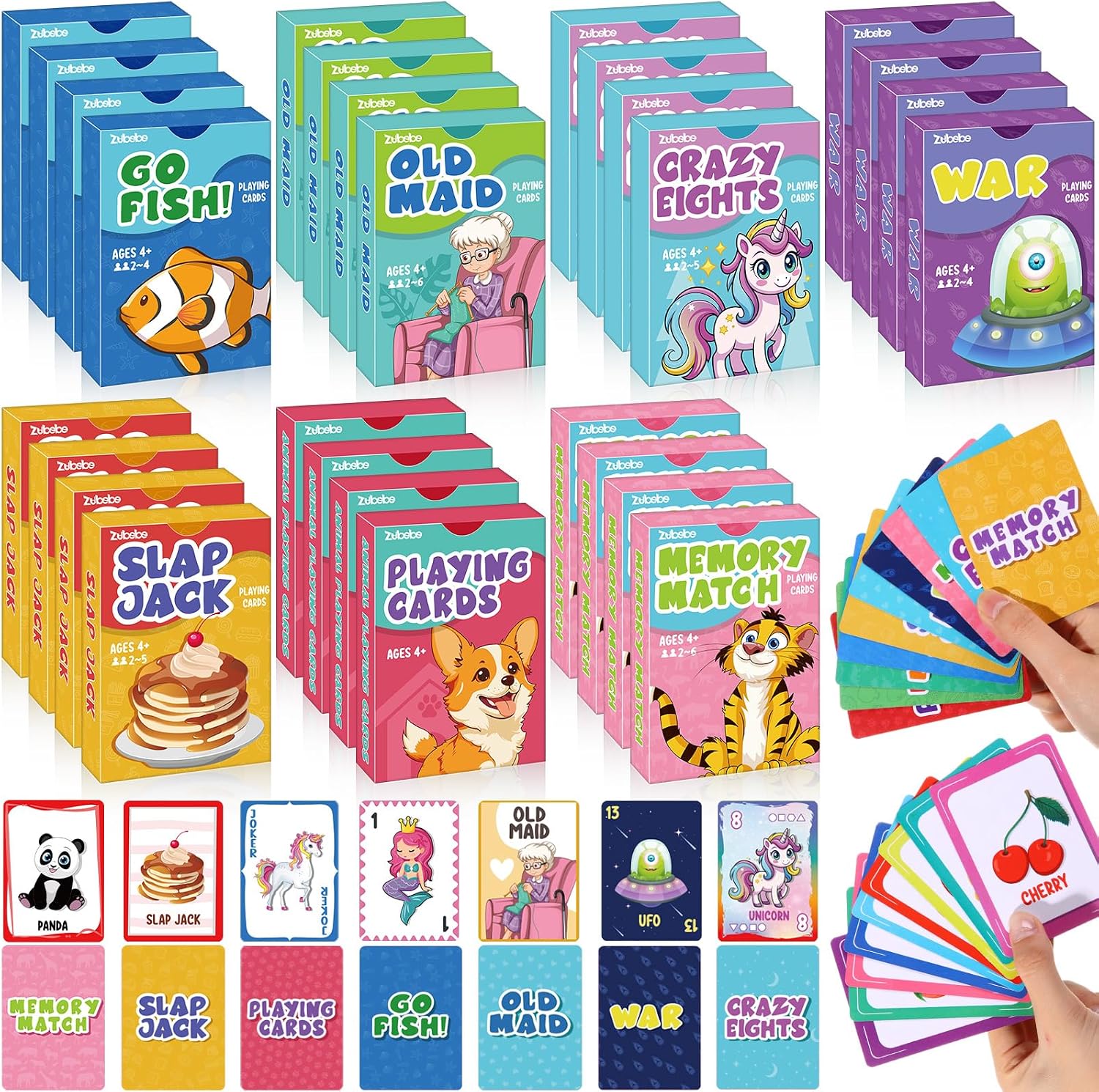 Zubebe 14 Pack Kids Card Games Gifts Bulk Classic Playing Card Game Set for Kids Includes Go Fish, Old Maid, Crazy Eights, Memory Match, Slap Jack, Playing Toy for Party Favors (Classic)