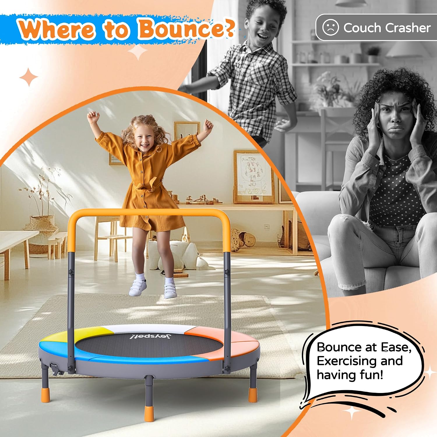 JOY SPOT! Premium 3FT Foldable Toddler Trampoline for Kids Ages 1-6, 36 Inch ASTM Certified Mini Trampoline with Adjustable Handle, 100 lbs Capacity, Quiet Elastic Bands, Safe for Indoor Outdoor Use - Image 6