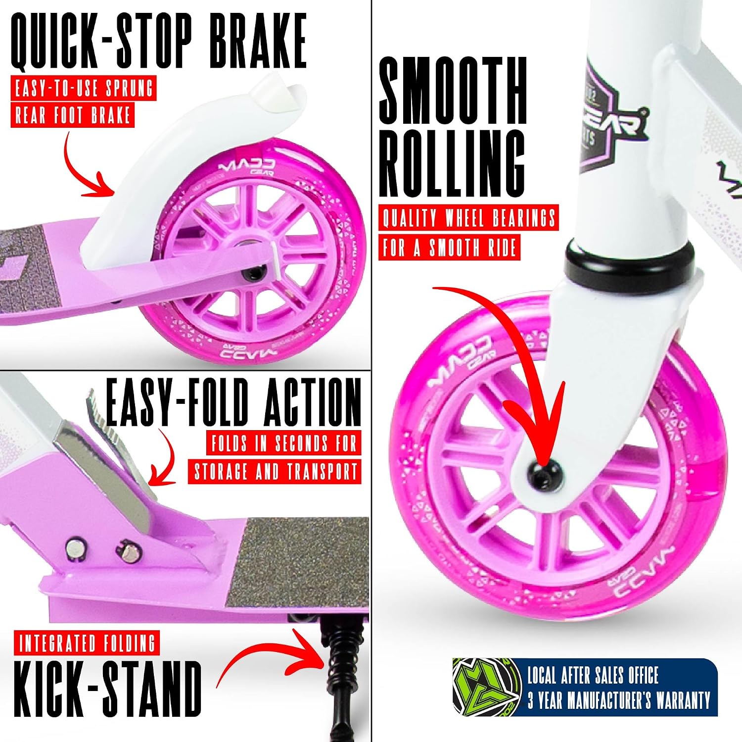 Kick Scooter for Ages 5+ - Kids, Teens & Adults. Max Load 220lbs. Foldable, Light-Up Wheels, Adjustable Height, Lightweight - Rush 125 Madd Gear - Image 4