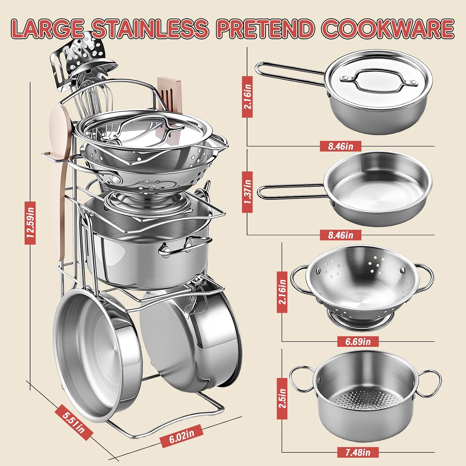 Play Kitchen Accessories, Large Stainless Steel Toddler Cooking Set, Kids Kitchen Playset with Cutting Play Food, Condiments, Chef Apron & Hat, Service Bell, Toy Food with 2 Baskets, Boys Girls Gifts. - Image 2