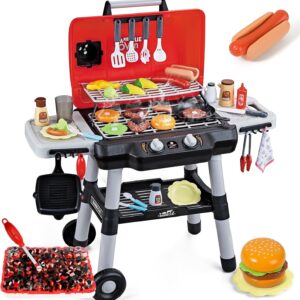 Kids Play Kitchen Toys, Kids BBQ Grill Playset with Smoke Sound Light, 2-Layer Barbecue Toy with Wheel, Outdoor Play Grill Toys for Toddlers 3-5, Play Food Toys Cooking Set, Birthday Gift for Boy Girl