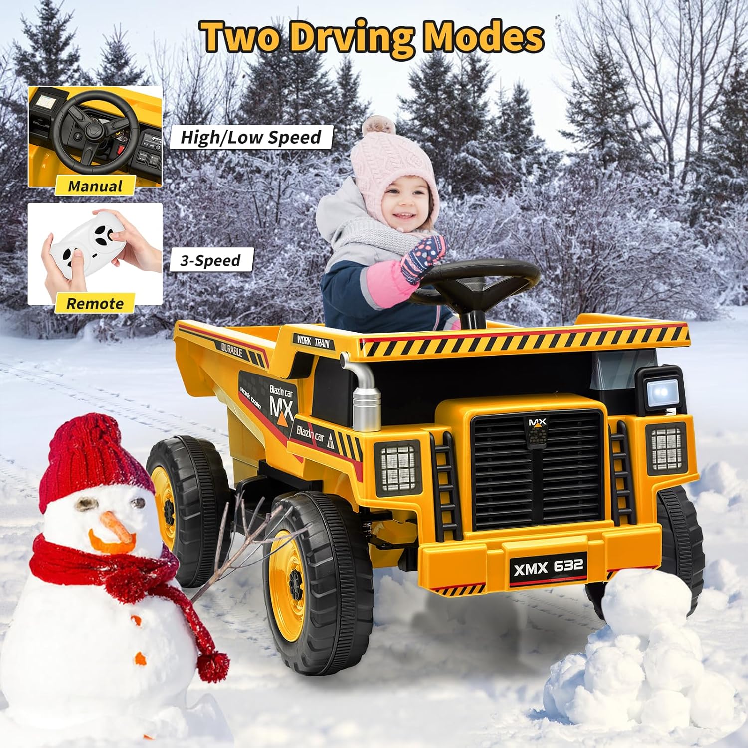 12V Ride On Dump Truck for Kids Electric Ride On Car Toy Toddlers 4 Wheeler Construction Vehicles with Remote Control, Dump Bed, Shovel, LED Lights, Music, for Kids 3-8, Yellow - Image 5