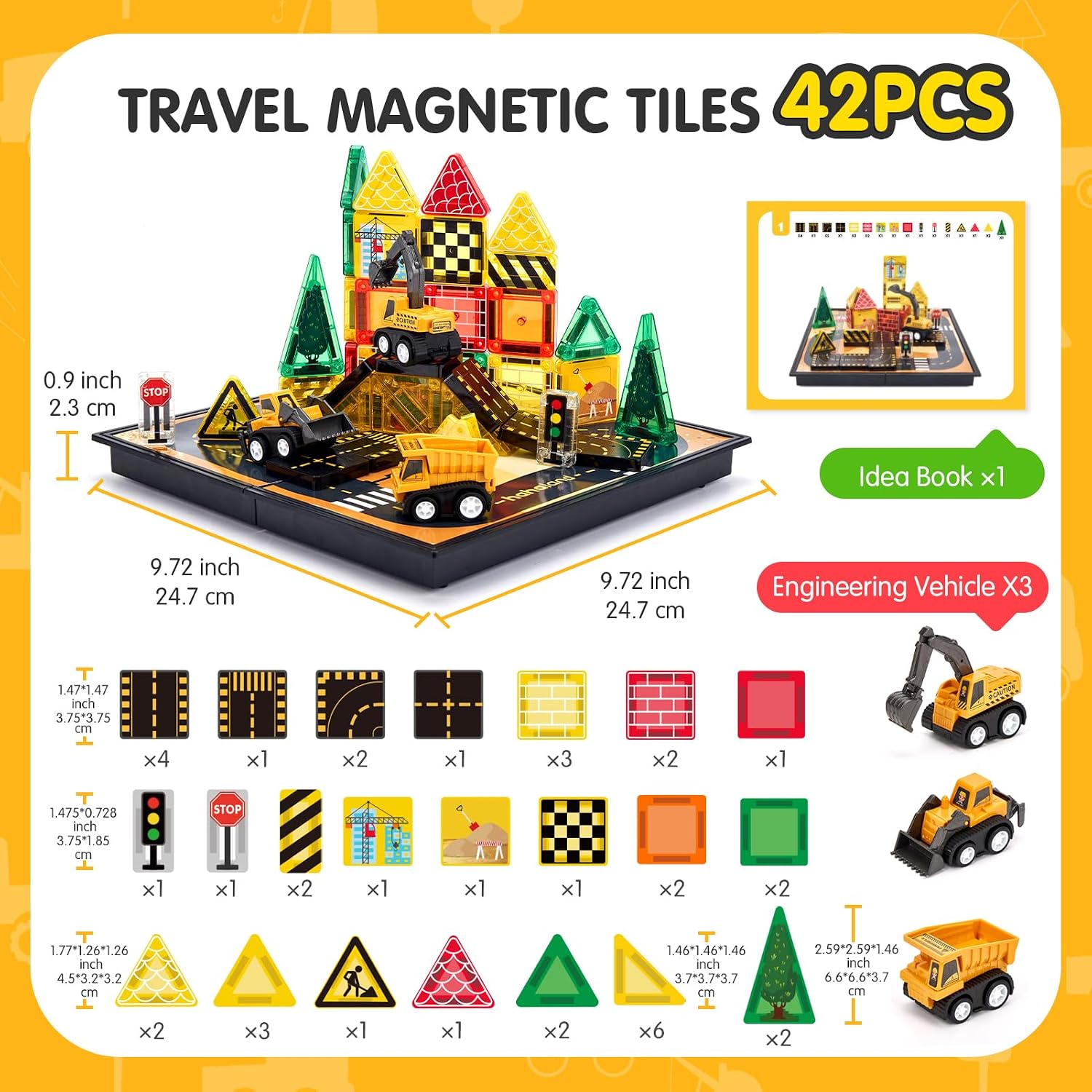 hahaland Mini Magnetic Tiles Travel Road Construction Toys Magnetic Building Blocks with Engineering Vehicles Trucks Case 2-in-1 Road-Themed Box Montessori Birthday for 3-6 Year Old Toddler - Image 2