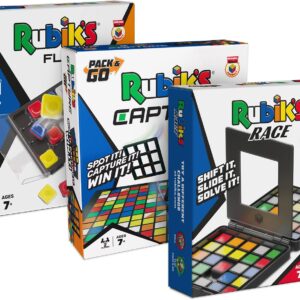 Rubik’s Cube, Pack & Go, 3-Pack Bundle of Games, Race, Flip, Capture, 2 Players, Amazon Exclusive, Problem-Solving Strategy Games, Travel-Sized Puzzles for Adults & Kids Ages 7 & Up