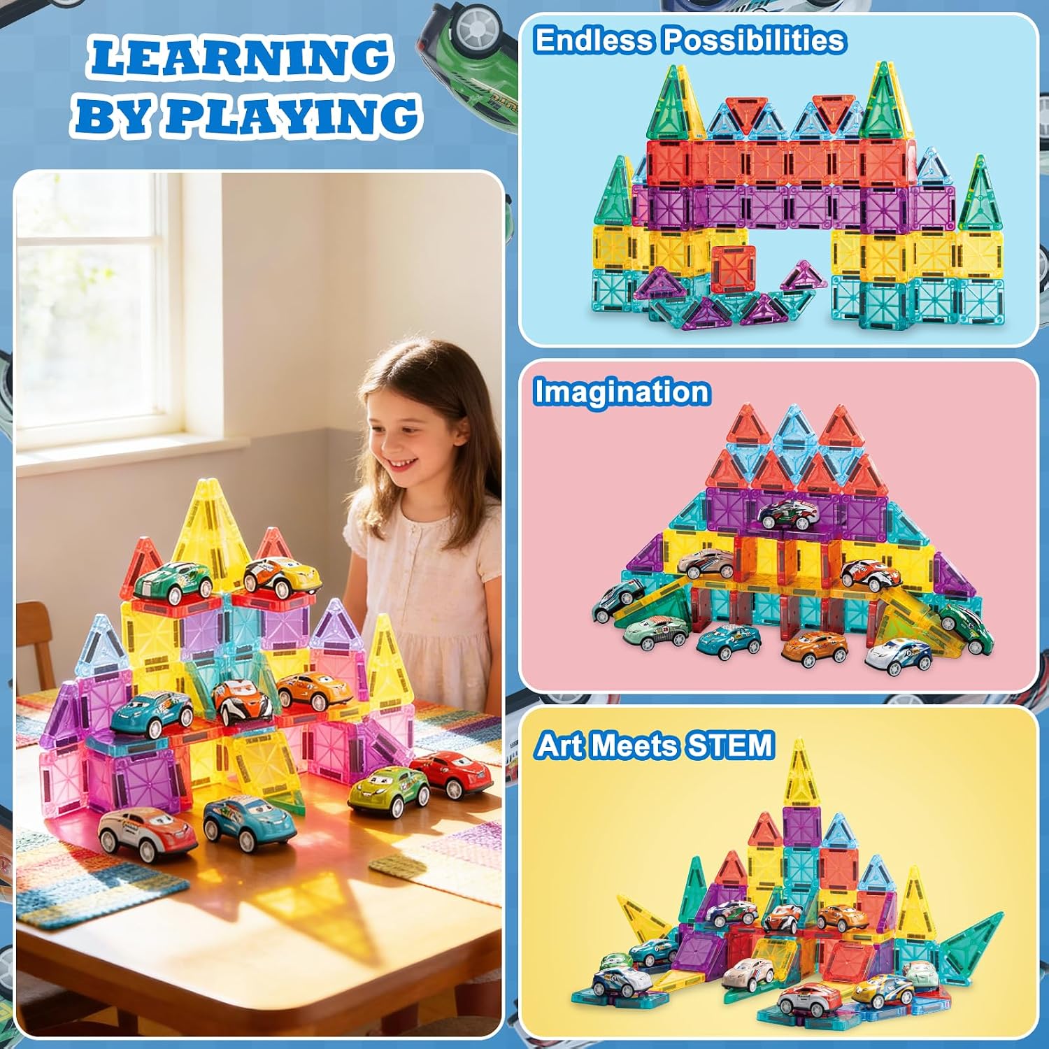 93 PCS Magnetic Tiles Mini Magnetic Building Tiles with Cars, Travel Magnetic Tiles with Storage Bag,STEM Toys for School Acitivities, Ideal Christmas Birthday Gifts for Boys Girls Age 3+ Years Old - Image 3