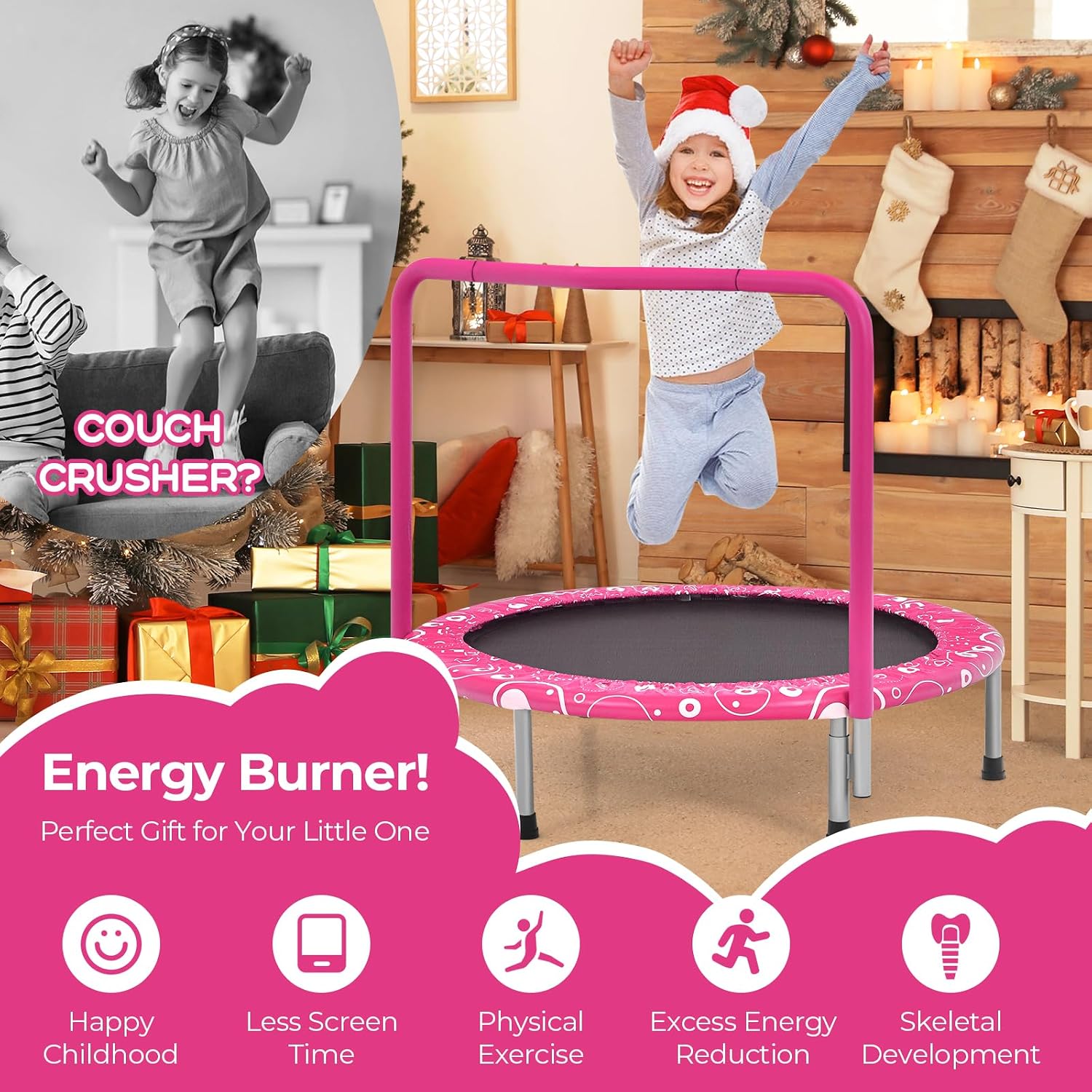 KOTEK 36 Inch Toddler Trampoline, Foldable Mini Recreational Trampoline with Handle & Safety Padded Cover, ASTM Approved Small Baby Trampoline, Indoor Trampoline for Kids, Max Load 330 Lbs - Image 6