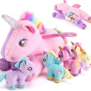 gnomantic Unicorn Stuffed Animals with Babies Inside, Mommy Toy for Kids | 5-Piece set: 1 mommy unicorn + 4 baby unicorns inside. Unzip belly to reveal surprise babies. Ultra-soft, ages 3-8.