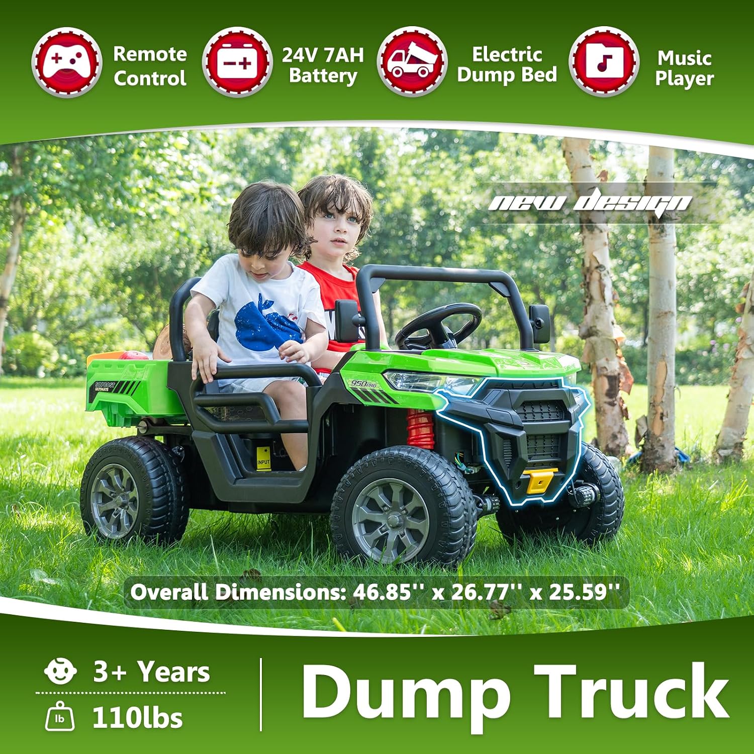 Sopbost 2 Seater 24V Ride On Truck with EVA Tires Wheels 4WD Kids Electric Car with Dump Bed Ride On Toy Car with Remote Control, Kids UTV for Boys Girls, Extra Shovel,Music, Green - Image 2