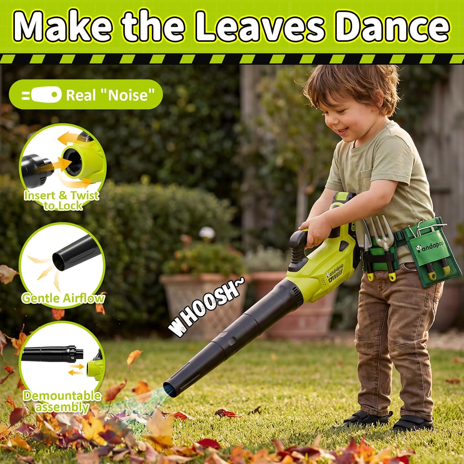 Pandapop Kids Gardening Tools Set, 2 In 1 Kids Leaf Blower & Toy Weed Wacker with Sounds & Lights, Kid Tool Set with Belt & Gloves, Outdoor Play Toy Tools, Christmas Birthday Gifts for Boys 3 4 5 6 7+ - Image 5