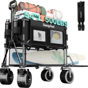 SUNNYFEEL 400L Large Capacity Double Decker Wagon with Tailgate | 500LBS Heavy Duty Sports Wagon, 54″ Extra Long Extender Collapsible Wagon Cart, All Terrain Wheels for Garden, Beach, Black