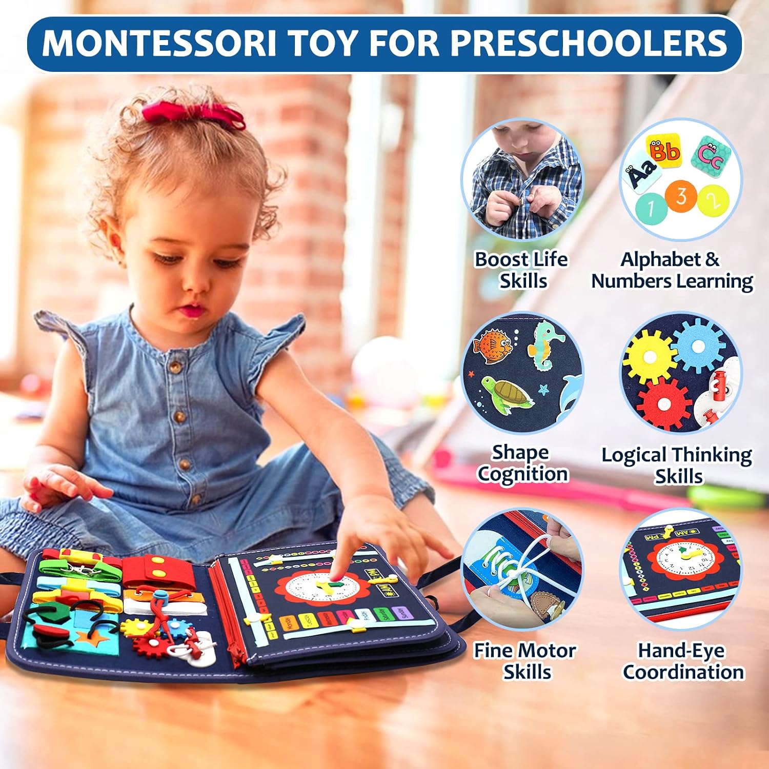 Qizfun Montessori Busy Board & Busy Book for Toddlers – Sensory & Learning Toy That Keeps Kids Busy, Travel Toy for Airplane & Car, Screen for Boys & Girls (Blue/P4) - Image 2