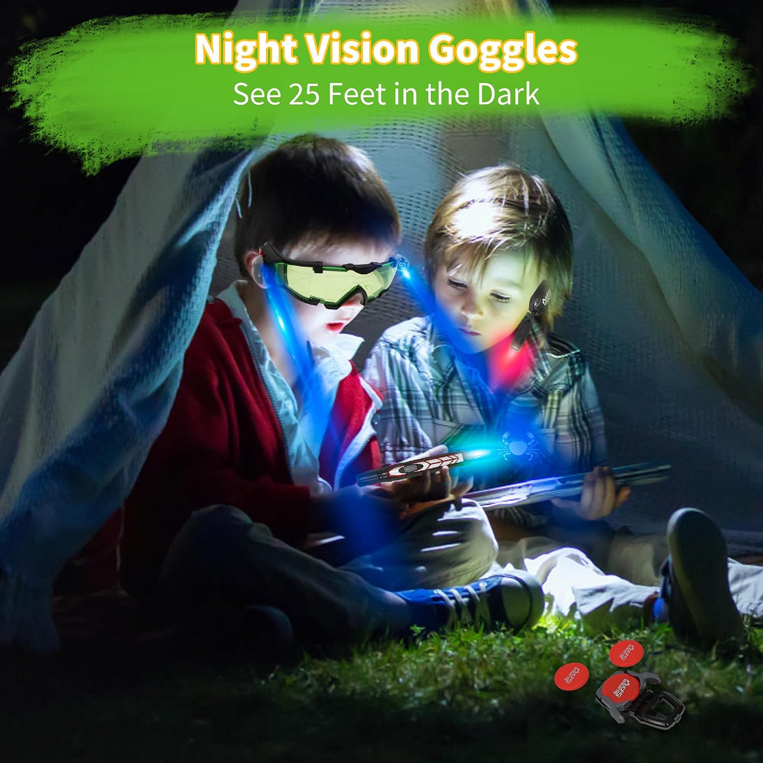 Kids Night Vision Goggles Spy Kit, 4 Pcs Spy Gear Toys Set, Cool Night Mission Goggles with Flip-Out Light/Invisible Ink Pen/Ear Light/Frisbee Shooter, Gifts for Kids 5-12 Boys Girls - Image 2