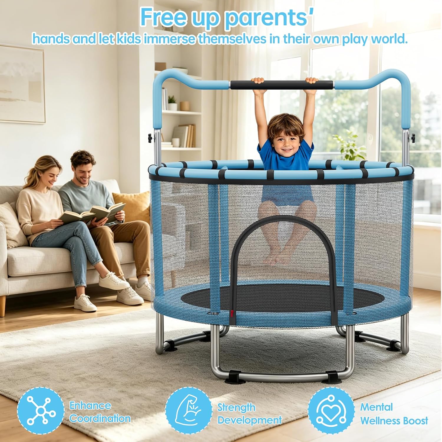 55/60" Trampoline for Kids, 4.5/5 FT Toddler Trampoline with Enclosur Net, Basketball Hoop & Sandbag, 440 LBS Capacity, Adjustable Height,Gifts for Ages 3-12 Boys & Girls - Image 6