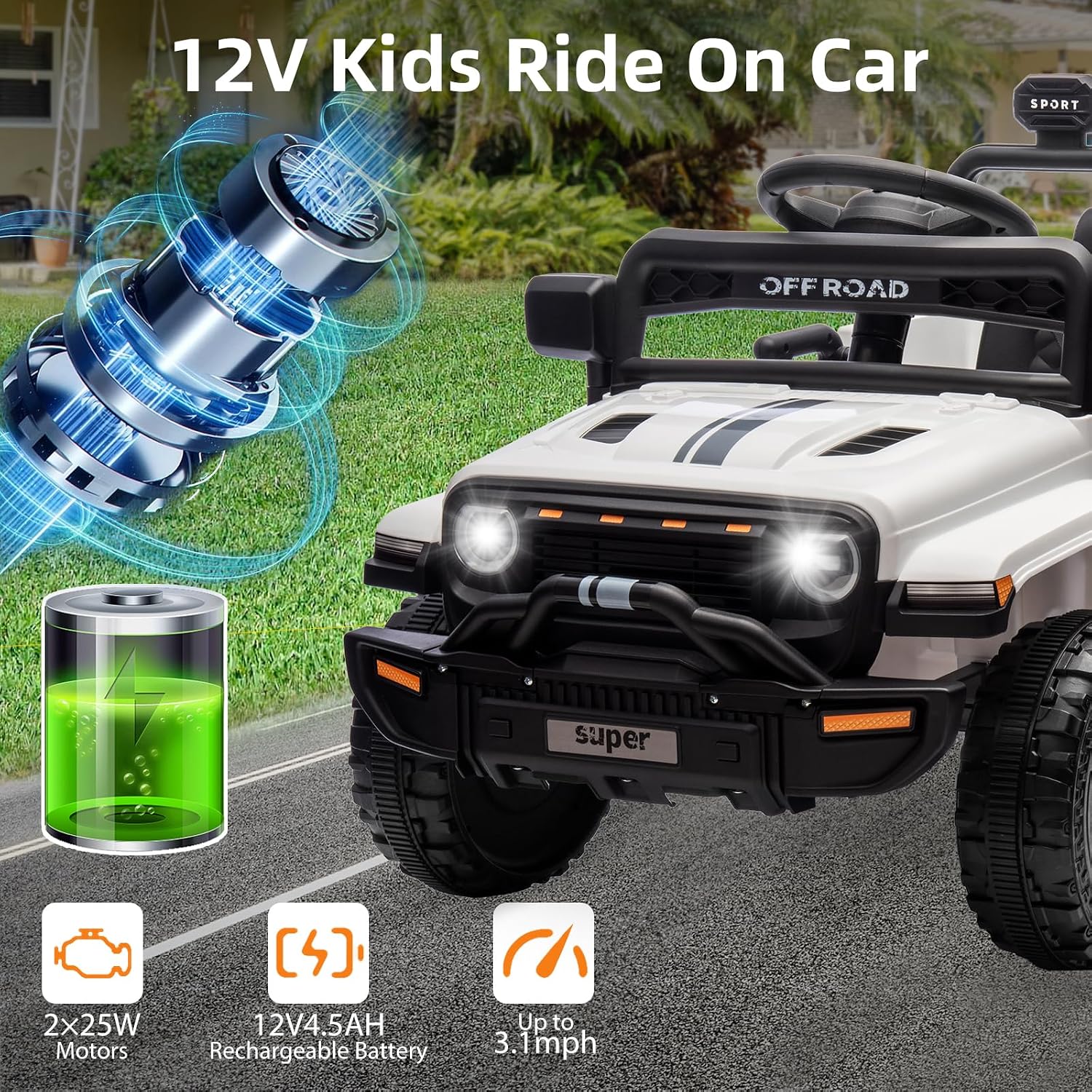 Ride On Truck Car, 12V Ride On Toy w/Parent Remote Control, Steering Wheel Music, 4-Wheel Spring Suspension, Led Lights, 2 Speeds, Kids Electric Vehicles for Age 3-5, White - Image 2