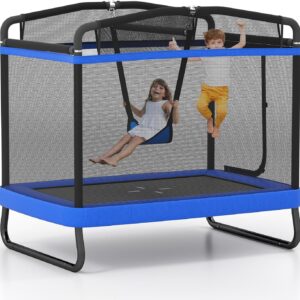 Goplus 6 x 4 FT Rectangle Trampoline for Kids, Indoor Outdoor Toddler Trampoline with Swing, Gymnastics Bar & Safety Enclosure Net, ASTM Approved Gift for Children Boys Girls