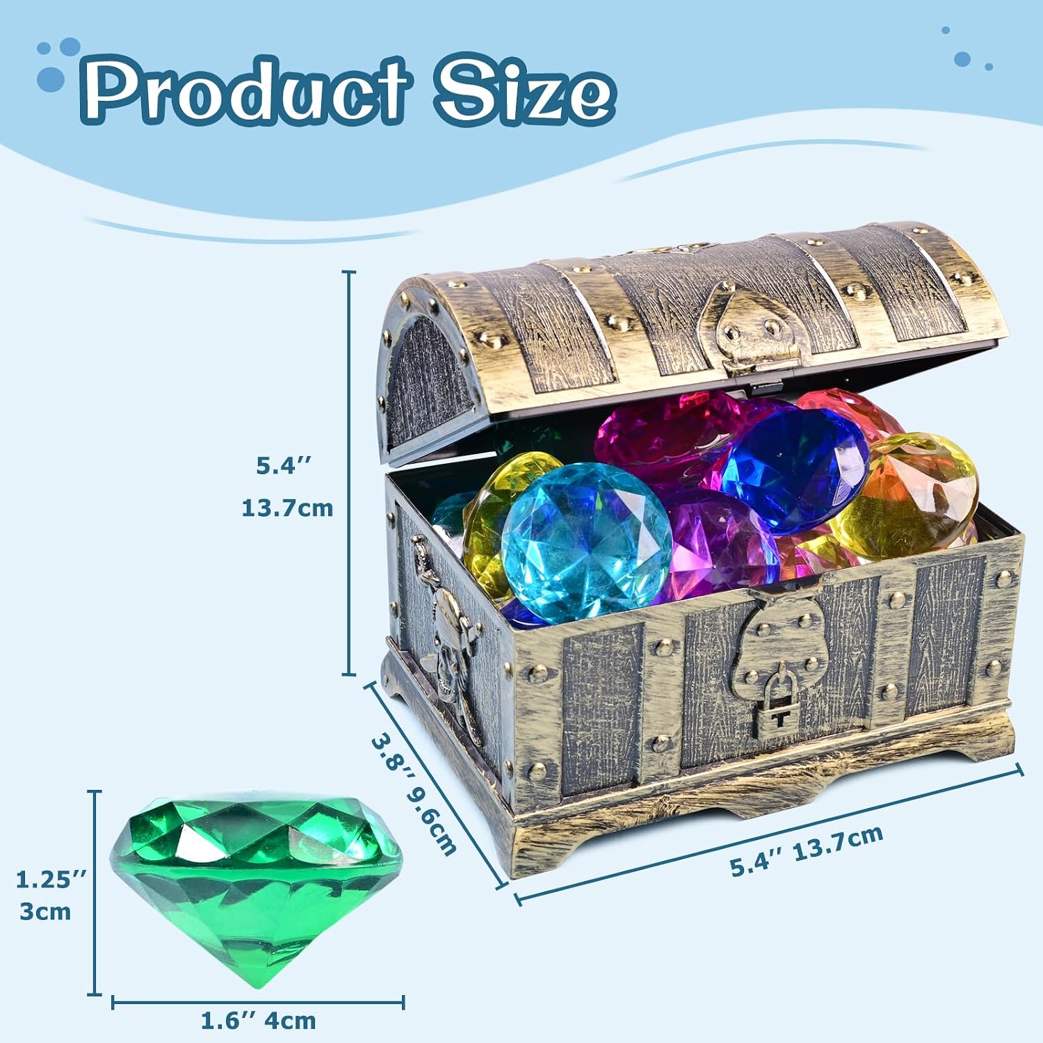 EnriQ Diving Gems Pool Toys 20 Big Colorful Diamond with Pirate Treasure Chest Swim Dive Toy for Kids Water Pool Games Swimmer Training Underwater Gemstone for Treasure Hunt Party Favors - Image 2