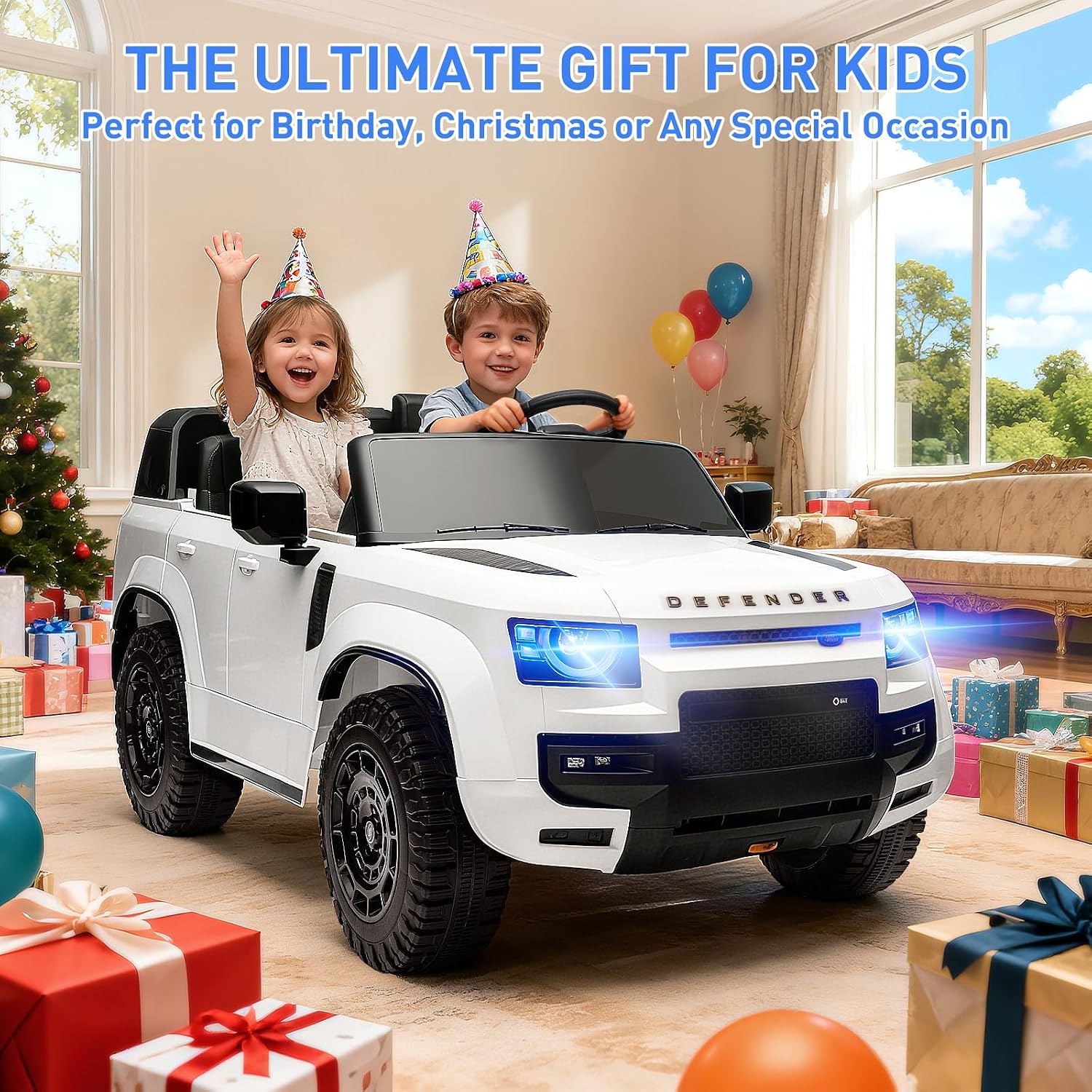 MINIATURE MOTORS 24V Ride on Toys for Big Kids, 2-Seater Toddlers Licensed Electric Car Remote Control, 3.7mph Max Speed, Bluetooth Music, Shovel, Seat Belt, 4-Wheeler Suspension, Boy Girl Gift-White - Image 6