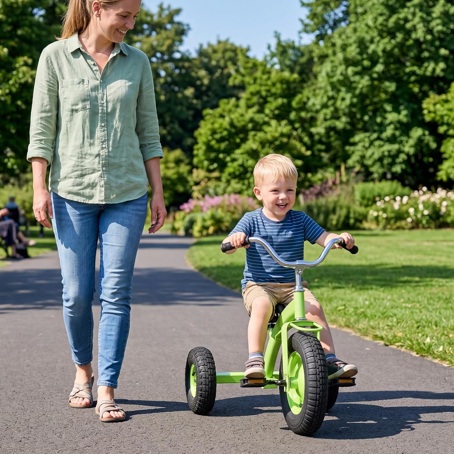 BABY JOY Kids Tricycle, 15-Inch Front Wheel Trike with Carbon Steel Frame, Inflatable Rubber Tires, Adjustable Handlebar & Seat, Ride-on Toddler Bike for Boys Girls (Green) - Image 2