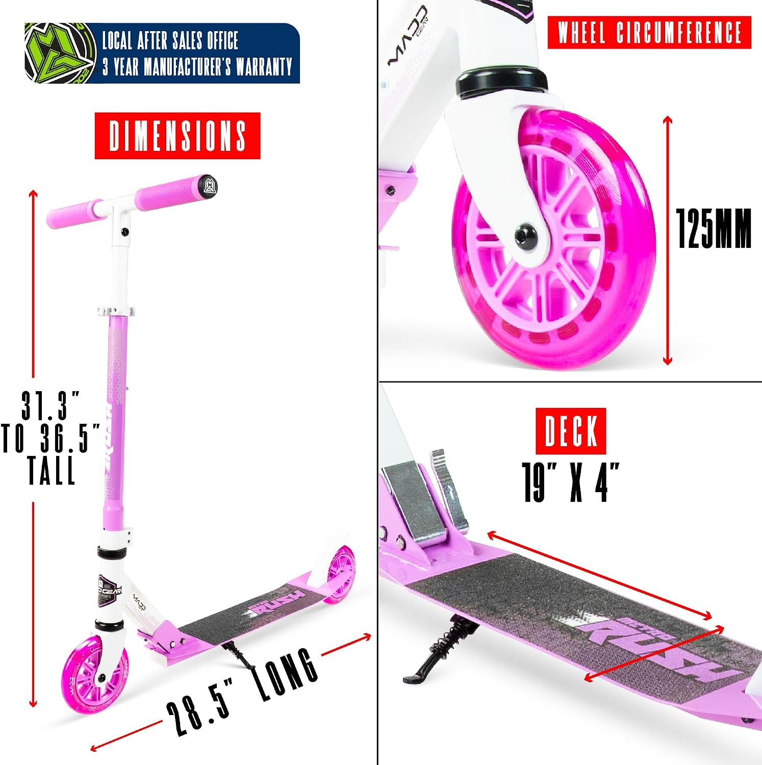 Kick Scooter for Ages 5+ - Kids, Teens & Adults. Max Load 220lbs. Foldable, Light-Up Wheels, Adjustable Height, Lightweight - Rush 125 Madd Gear - Image 3