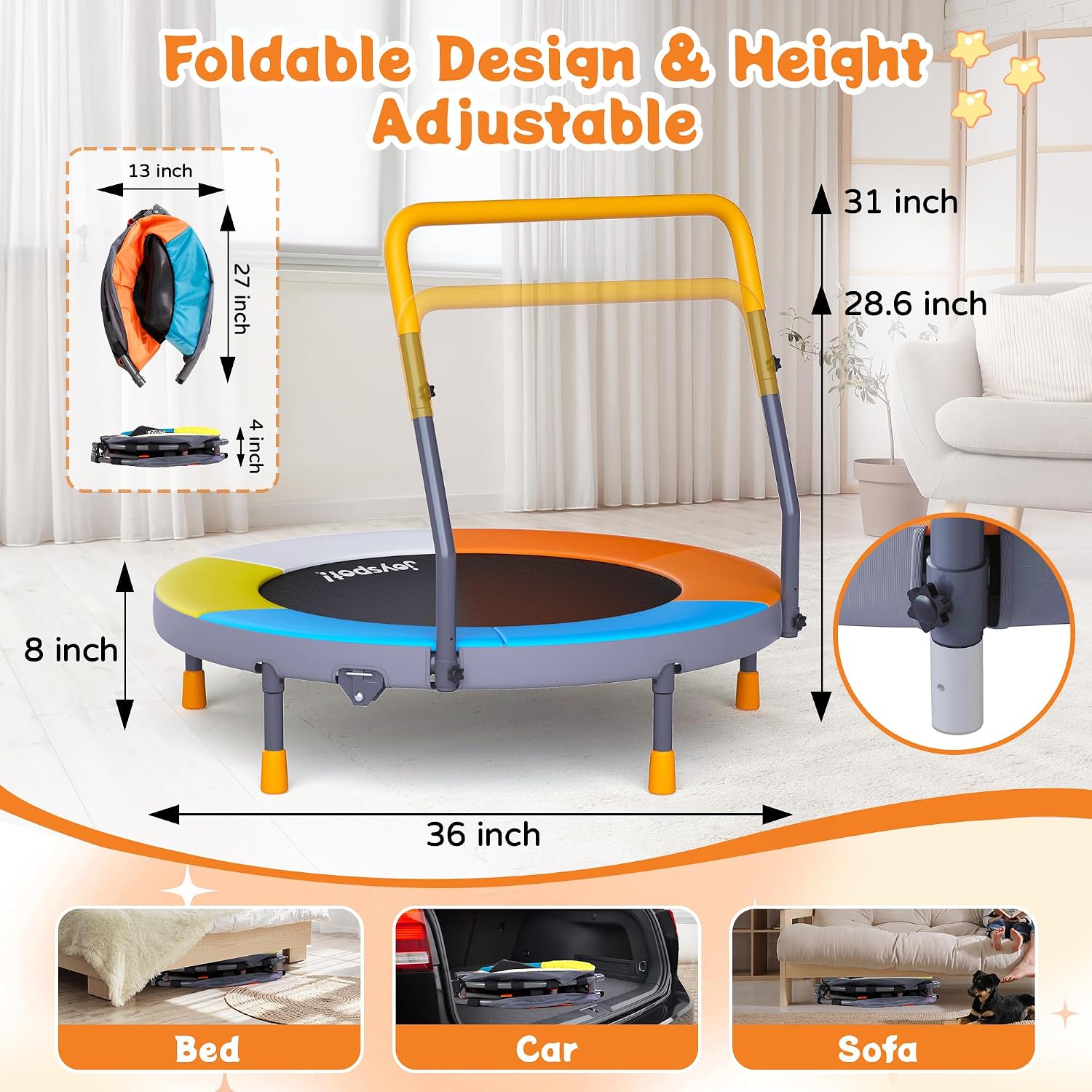 JOY SPOT! Premium 3FT Foldable Toddler Trampoline for Kids Ages 1-6, 36 Inch ASTM Certified Mini Trampoline with Adjustable Handle, 100 lbs Capacity, Quiet Elastic Bands, Safe for Indoor Outdoor Use - Image 3