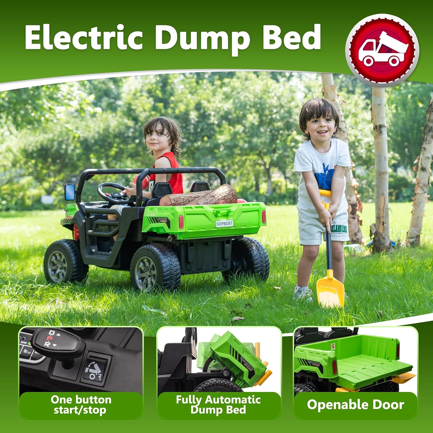 Sopbost 2 Seater 24V Ride On Truck with EVA Tires Wheels 4WD Kids Electric Car with Dump Bed Ride On Toy Car with Remote Control, Kids UTV for Boys Girls, Extra Shovel,Music, Green - Image 4