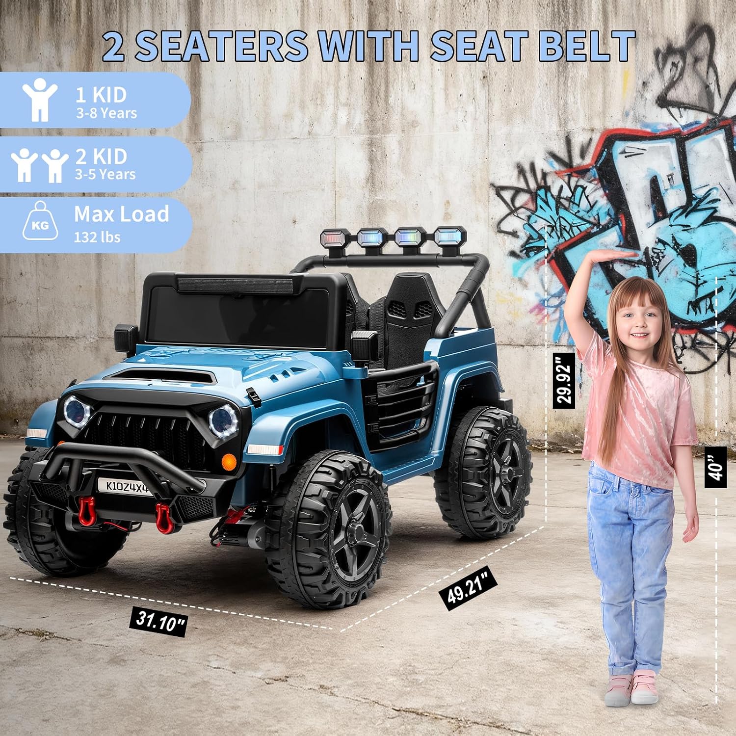 Kids 24V 2-Seater Electric Ride On Car, 4x4 Ride On Truck w/Remote Control, 4-Wheeler Suspension, 3 Speeds, Led Lights, Bluetooth, Ride on Car Toy for Kids Ages 3-8, Cyan Blue - Image 8