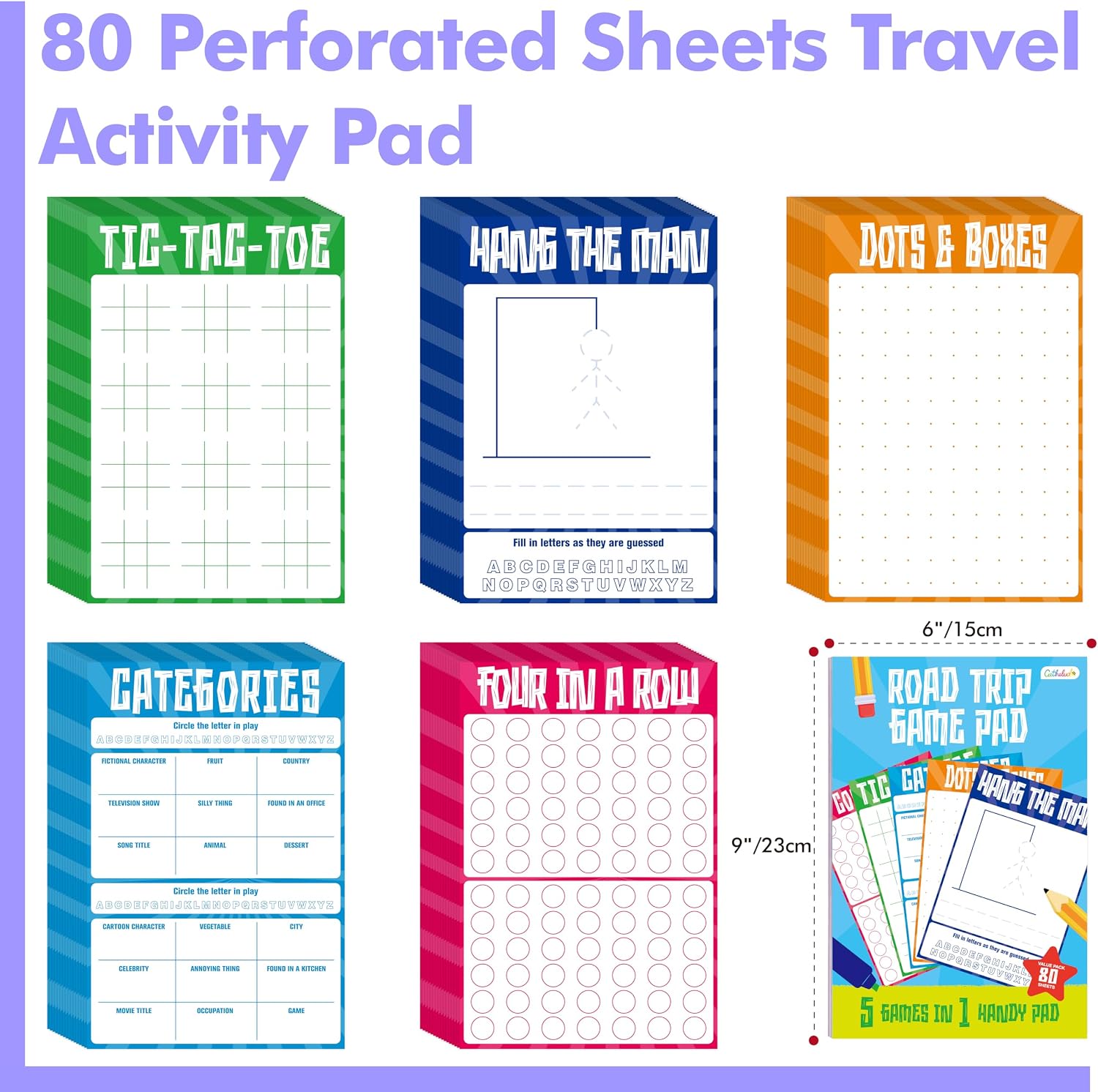 Road Trip Game Pad, 80 Perforated Sheets Travel Activity Pad, 5 Games in 1 Pad, Plane, Car Trip Activity, Pen Pencil & Paper Game for Kids, Adults (6” x 9”) - Image 2