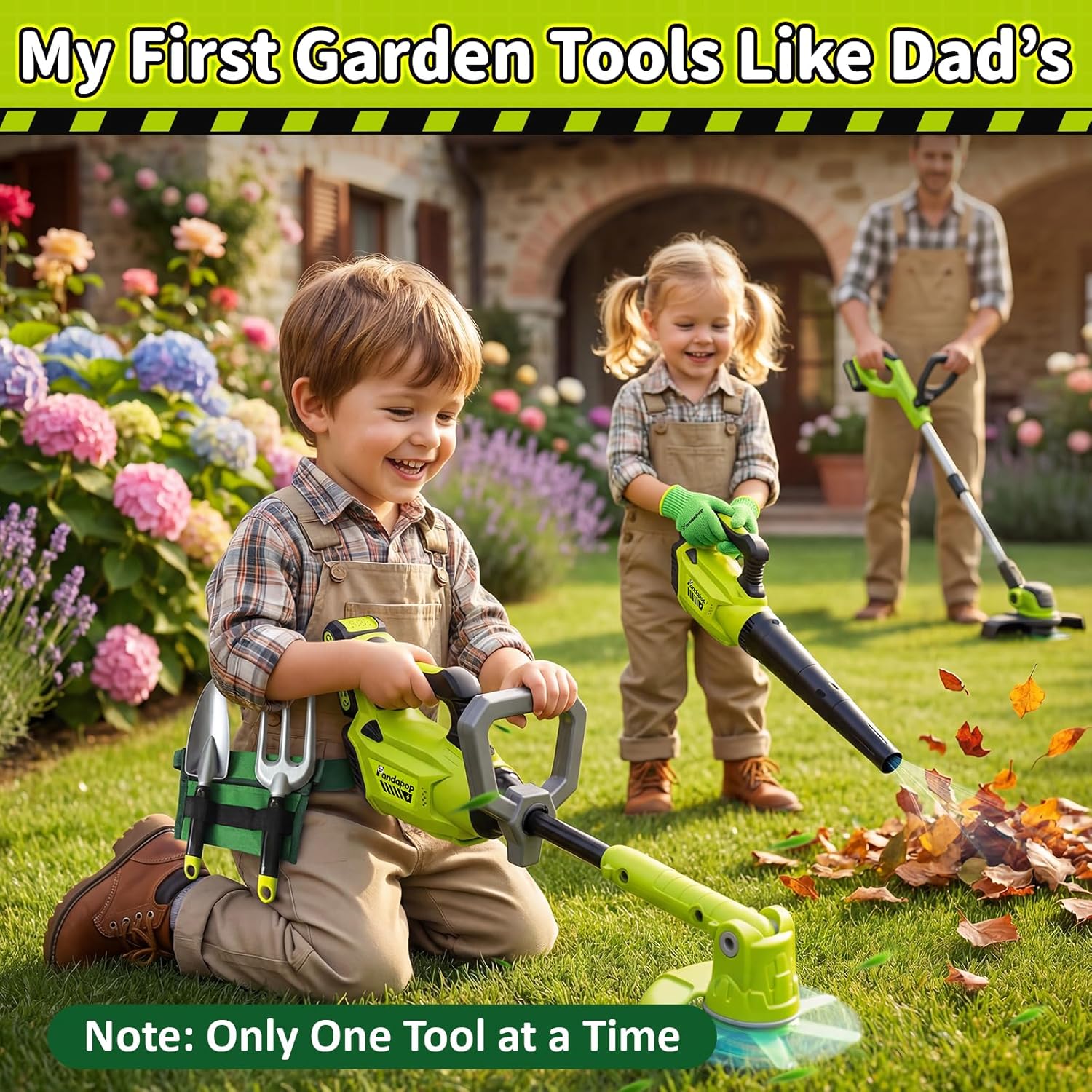 Pandapop Kids Gardening Tools Set, 2 In 1 Kids Leaf Blower & Toy Weed Wacker with Sounds & Lights, Kid Tool Set with Belt & Gloves, Outdoor Play Toy Tools, Christmas Birthday Gifts for Boys 3 4 5 6 7+ - Image 3