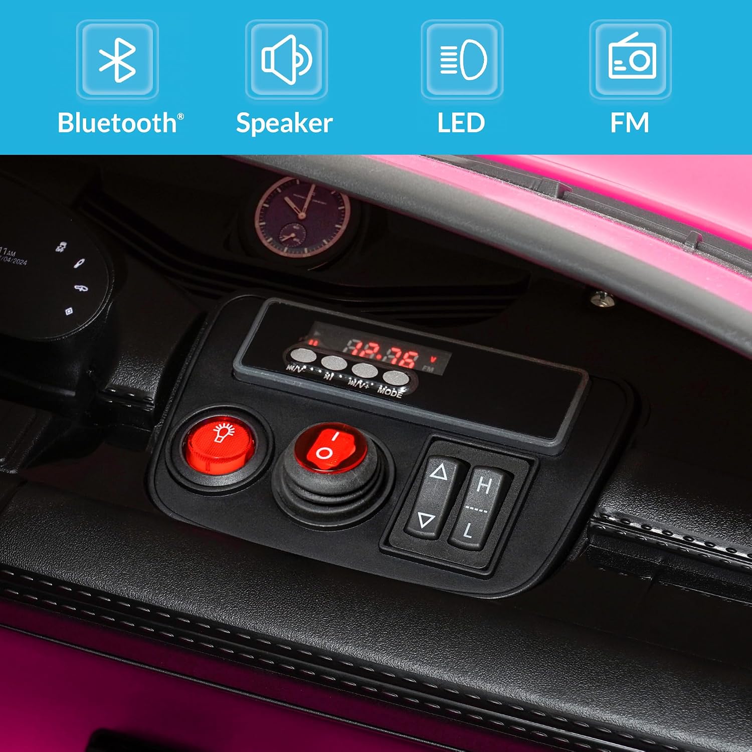 Kidzone 2 Seater Ride on Car for Kids Ages 37-96 Months, 12V Battery Powered Electric Sports Car Toy with Parent Remote Control, LED Headlights, FM & Bluetooth, Dual Driving Modes, Pink - Image 4