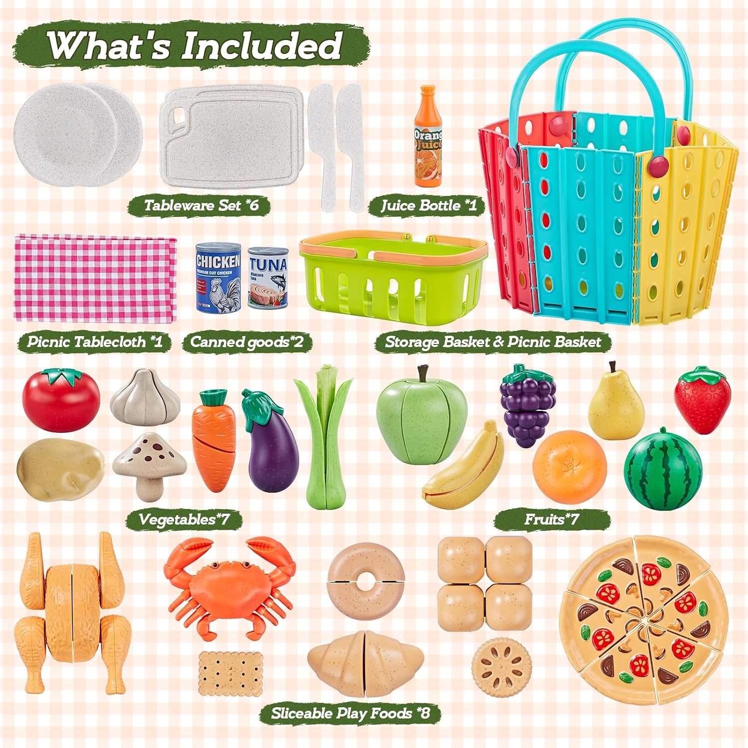 86Pc Wheat Straw Play Food for Kids Kitchen-Toy Food with 2 Baskets & Picnic Blanket, Realistic Cutting Pizza, Grocery Cans, Pretend Play Kitchen Accessories & Toddler Toys for Boys Girls 3+ - Image 8