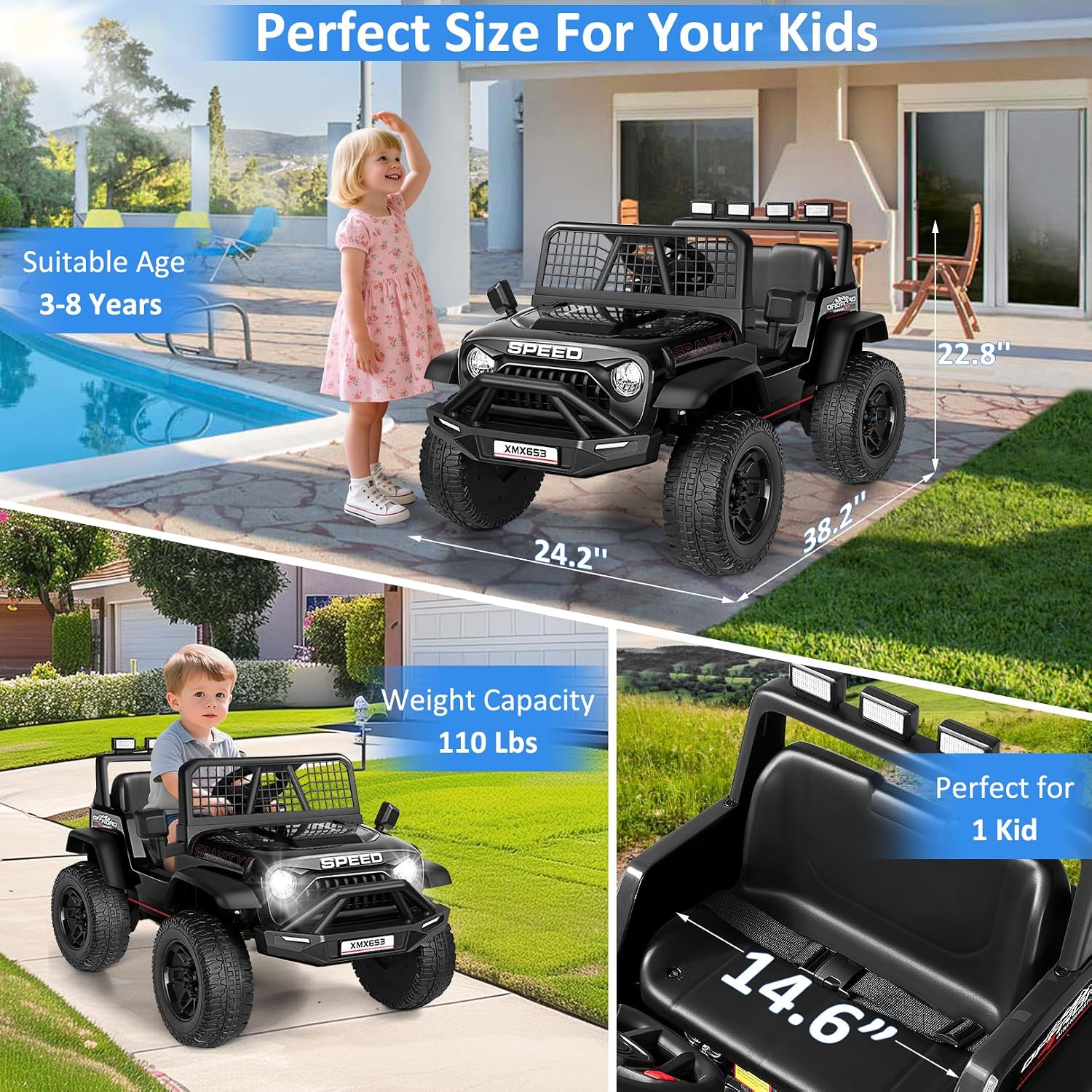 Hikole 24V Ride On Toys for Big Kids, 24V Power Wheels with Remote Control, 3 Speed, Bluetooth, Music, Soft Start, Birthday for Boys Girls Toddler, Black - Image 6