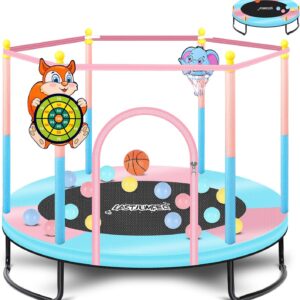 Mini Trampoline for Kids & Toddlers, Ages2-10 | Indoor & Outdoor, with Safety Enclosure Net, Basketball Hoop & Ocean Balls, Birthday Gift for Boy,Girl