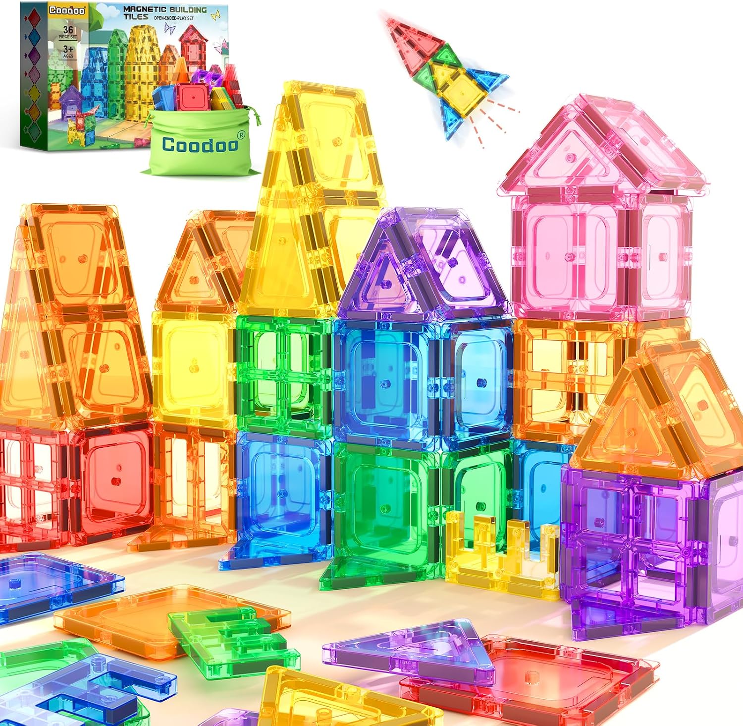 Coodoo Kids Toys Magnetic Tiles Starter Set Classroom Must Haves, Magnetic Blocks for Toddlers Magnet Building Toys Preschool Montessori Learning Games for 3+ Year Old Boys & Girls